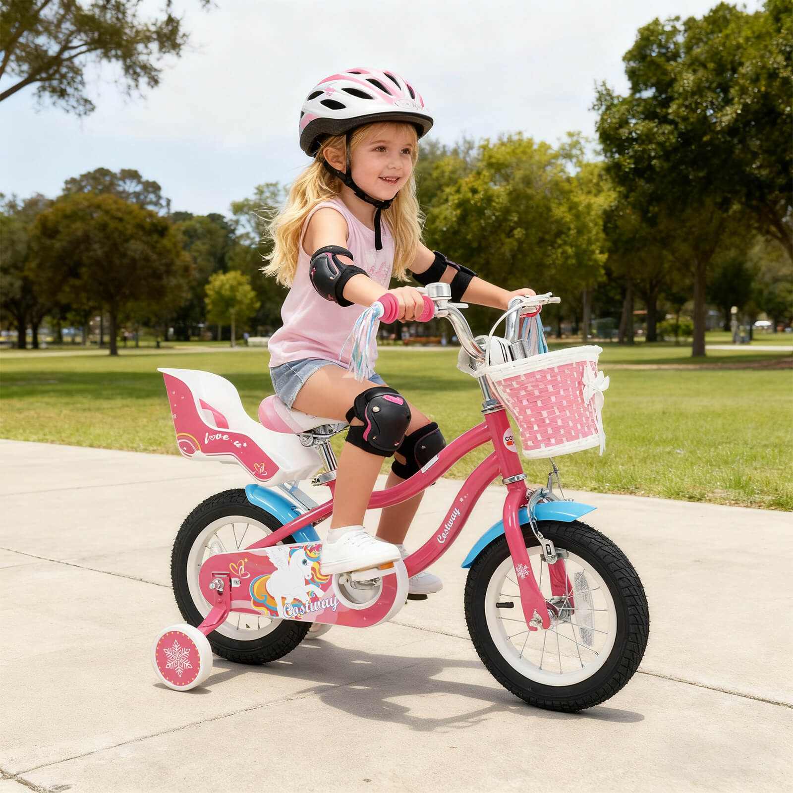 Costway 12” Kids Bike with Basket Doll Seat Colorful Streamers 2 Training Wheels Handlebar Pink - Image 3