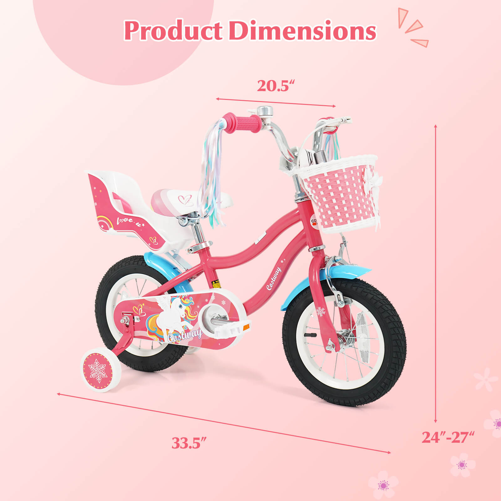 Costway 12” Kids Bike with Basket Doll Seat Colorful Streamers 2 Training Wheels Handlebar Pink - Image 4