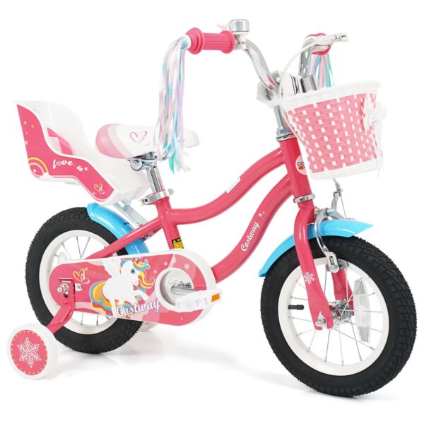 Costway 12” Kids Bike with Basket Doll Seat Colorful Streamers 2 Training Wheels Handlebar Pink