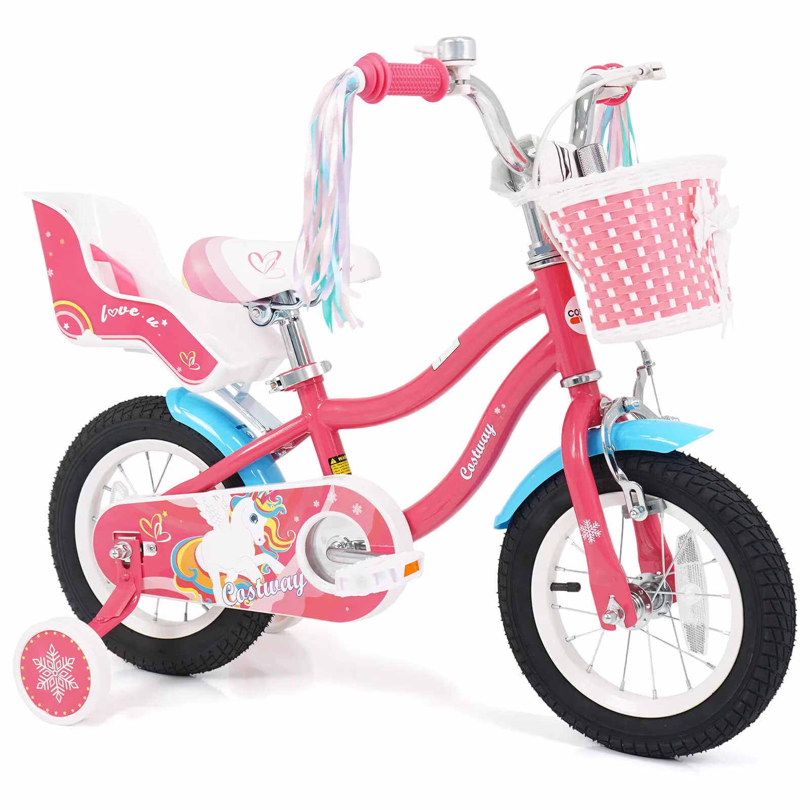 Costway 12” Kids Bike with Basket Doll Seat Colorful Streamers 2 Training Wheels Handlebar Pink