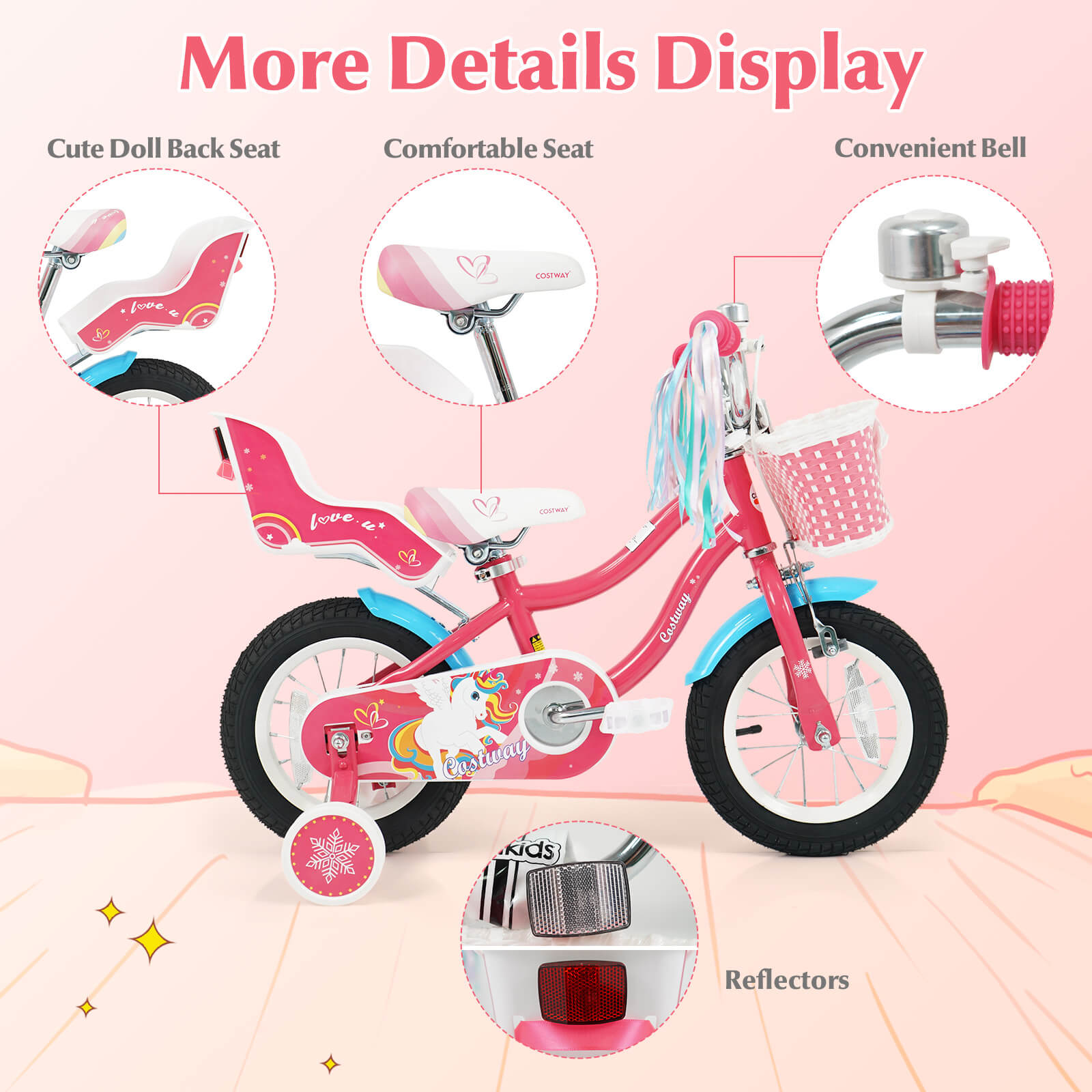 Costway 12” Kids Bike with Basket Doll Seat Colorful Streamers 2 Training Wheels Handlebar Pink - Image 5