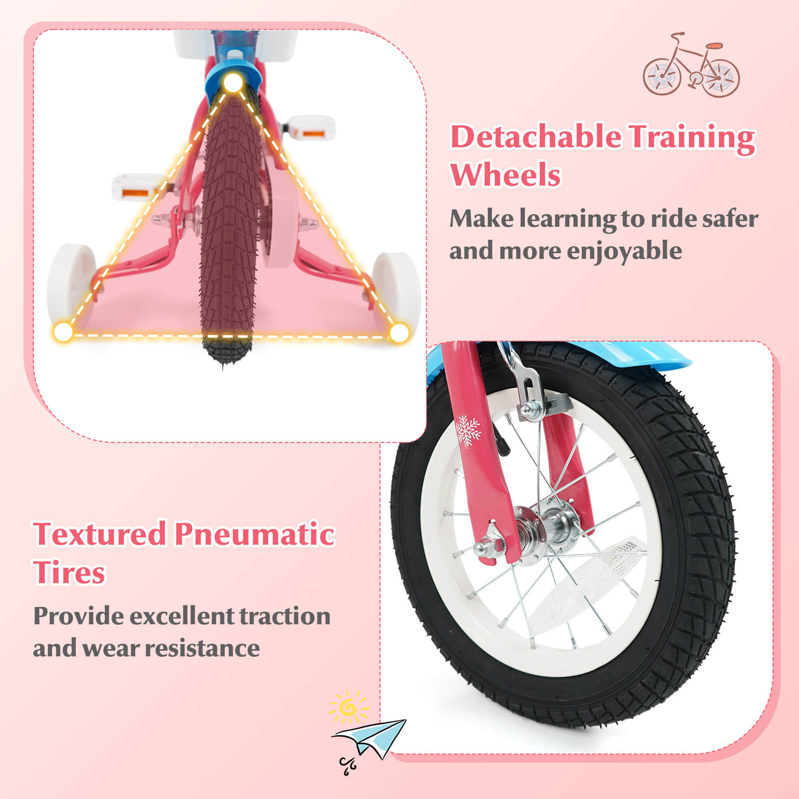 Costway 12” Kids Bike with Basket Doll Seat Colorful Streamers 2 Training Wheels Handlebar Pink - Image 2