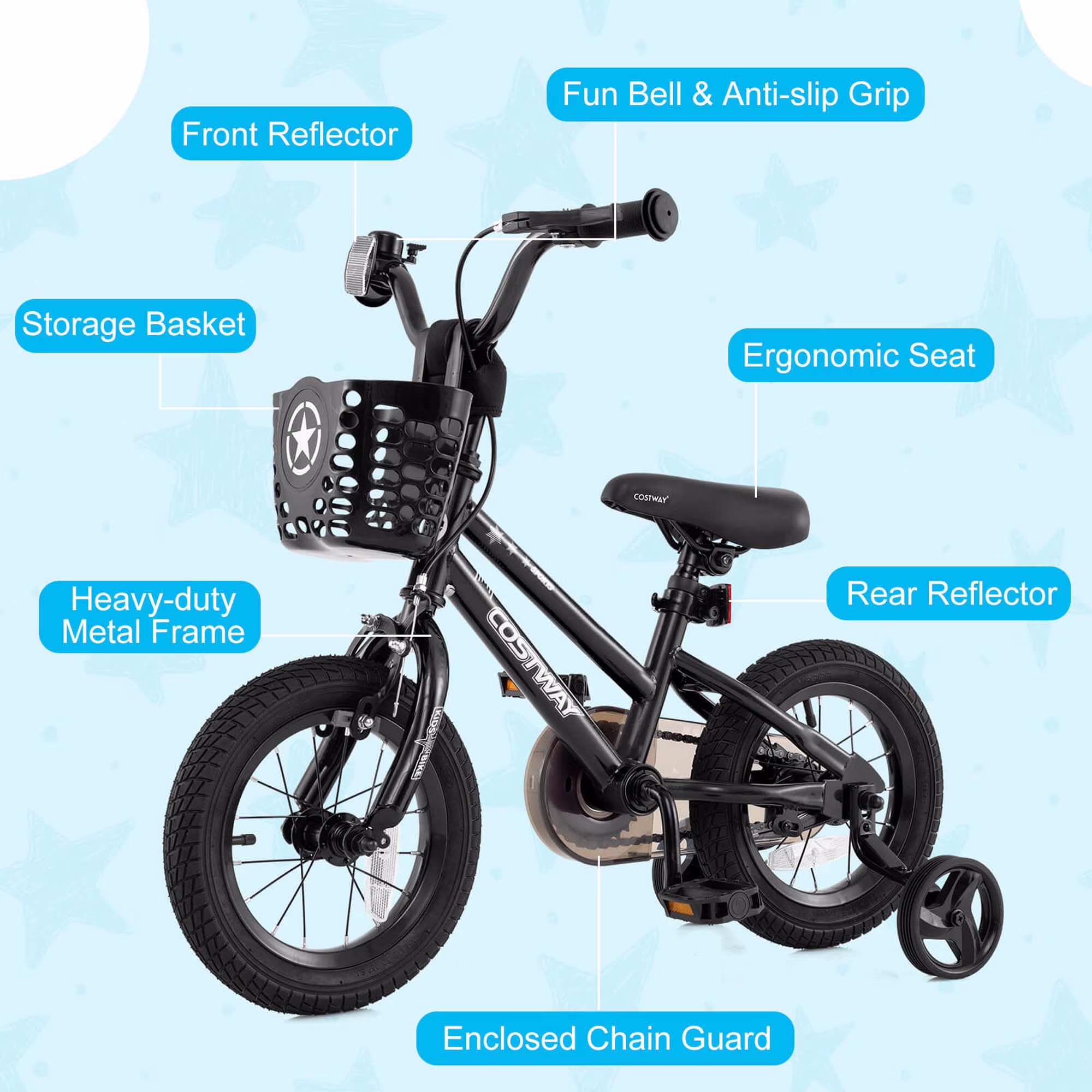 Costway 12" Kid’s Bike with Training Wheels Adjustable Handlebar & Seat Handbrake Black - Image 3