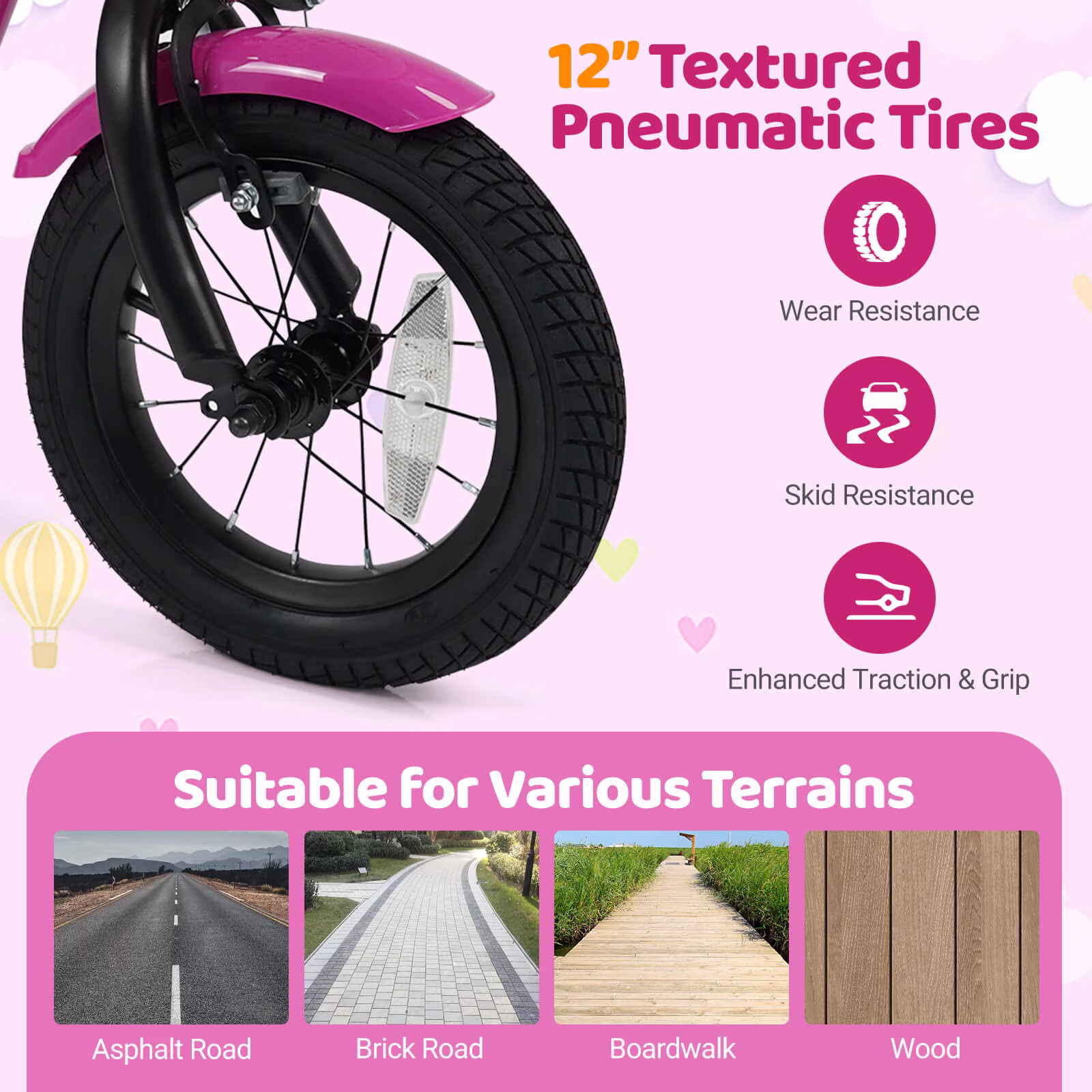 Costway 12” Kids Bike with Training Wheels, Basket, Hand & Coaster Brakes, Adjustable Seat Rosy - Image 4
