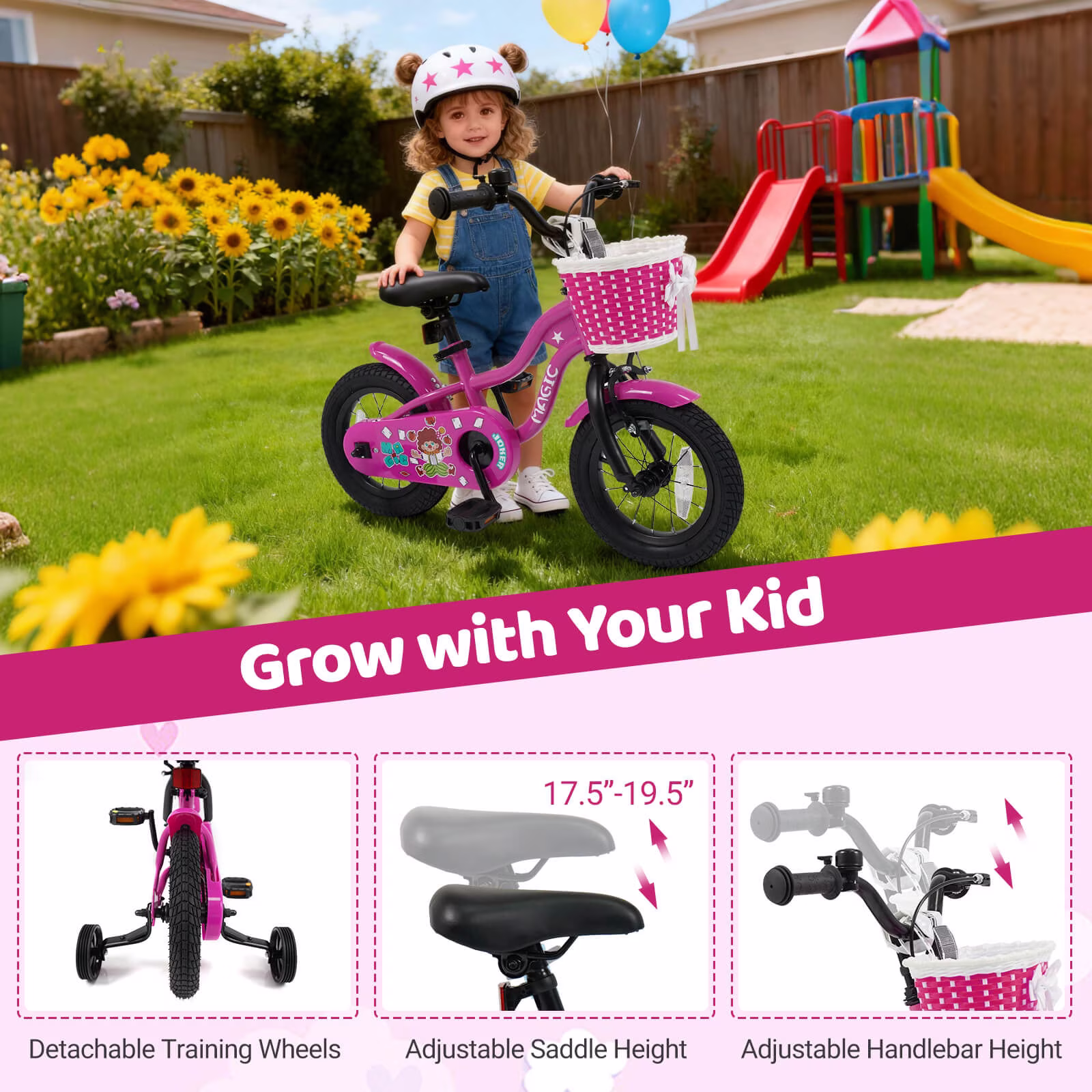 Costway 12” Kids Bike with Training Wheels, Basket, Hand & Coaster Brakes, Adjustable Seat Rosy - Image 3