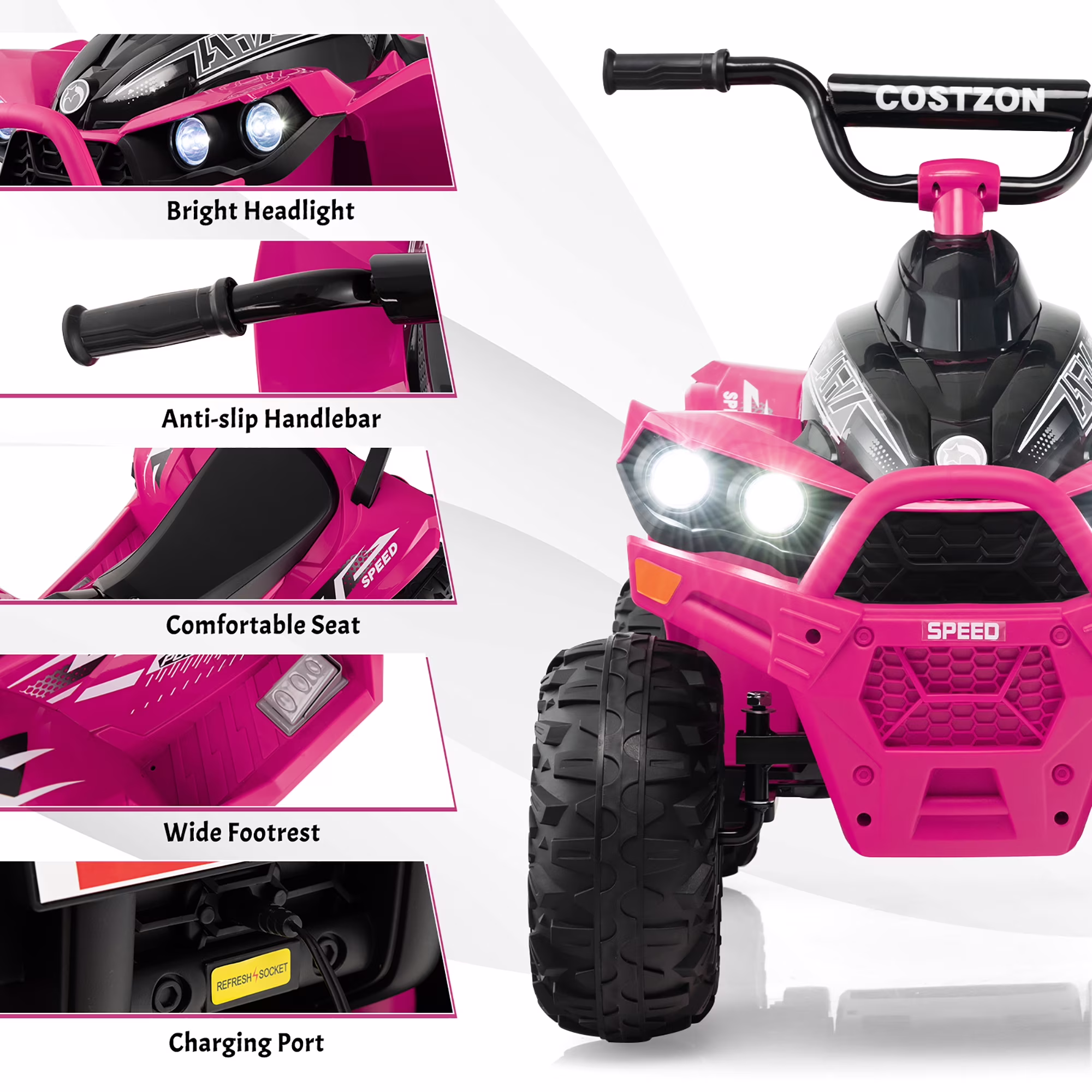 Costway 12V Battery Powered Kids Ride On ATV Electric 4-Wheeler Quad Car with MP3 & Light Pink - Image 4