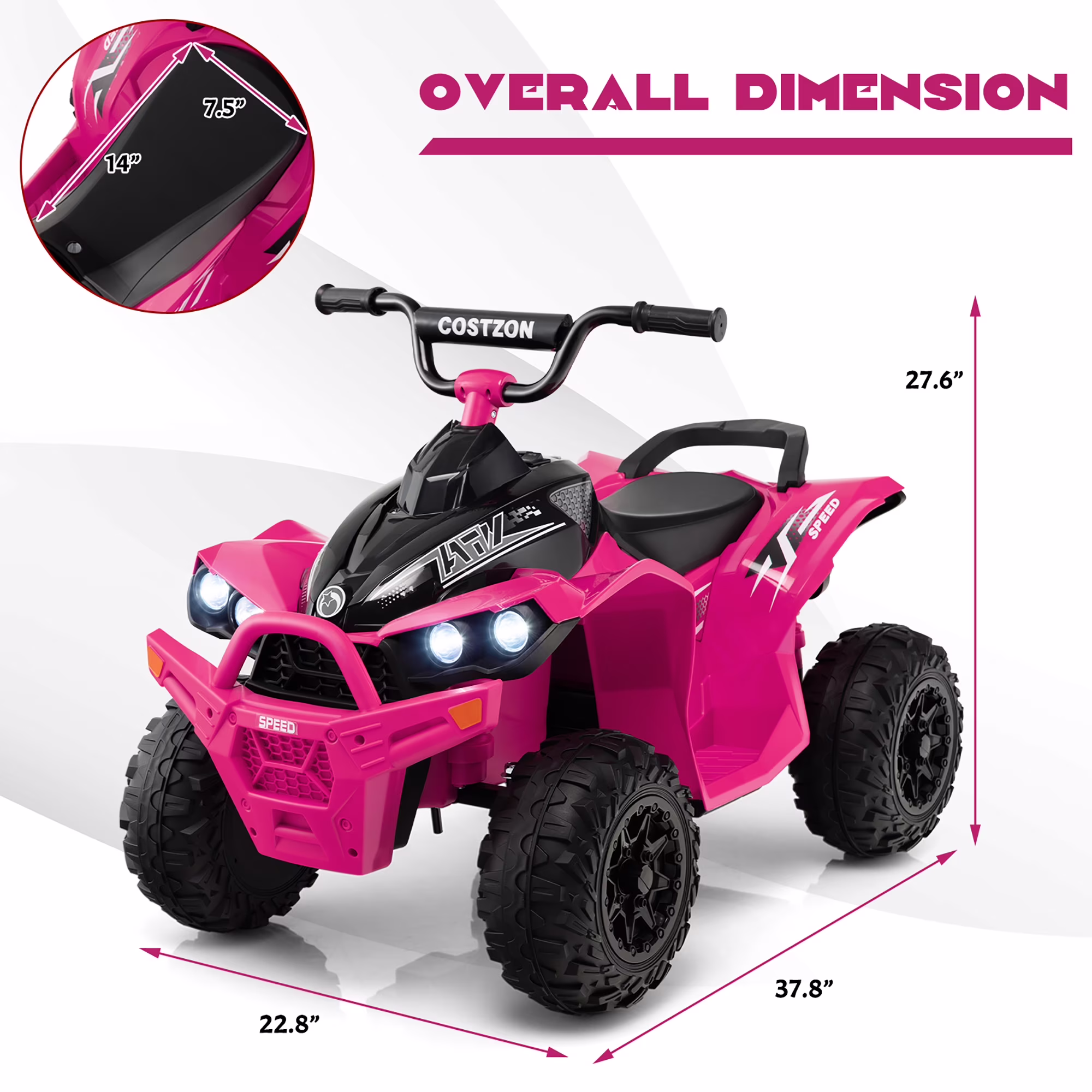 Costway 12V Battery Powered Kids Ride On ATV Electric 4-Wheeler Quad Car with MP3 & Light Pink - Image 2