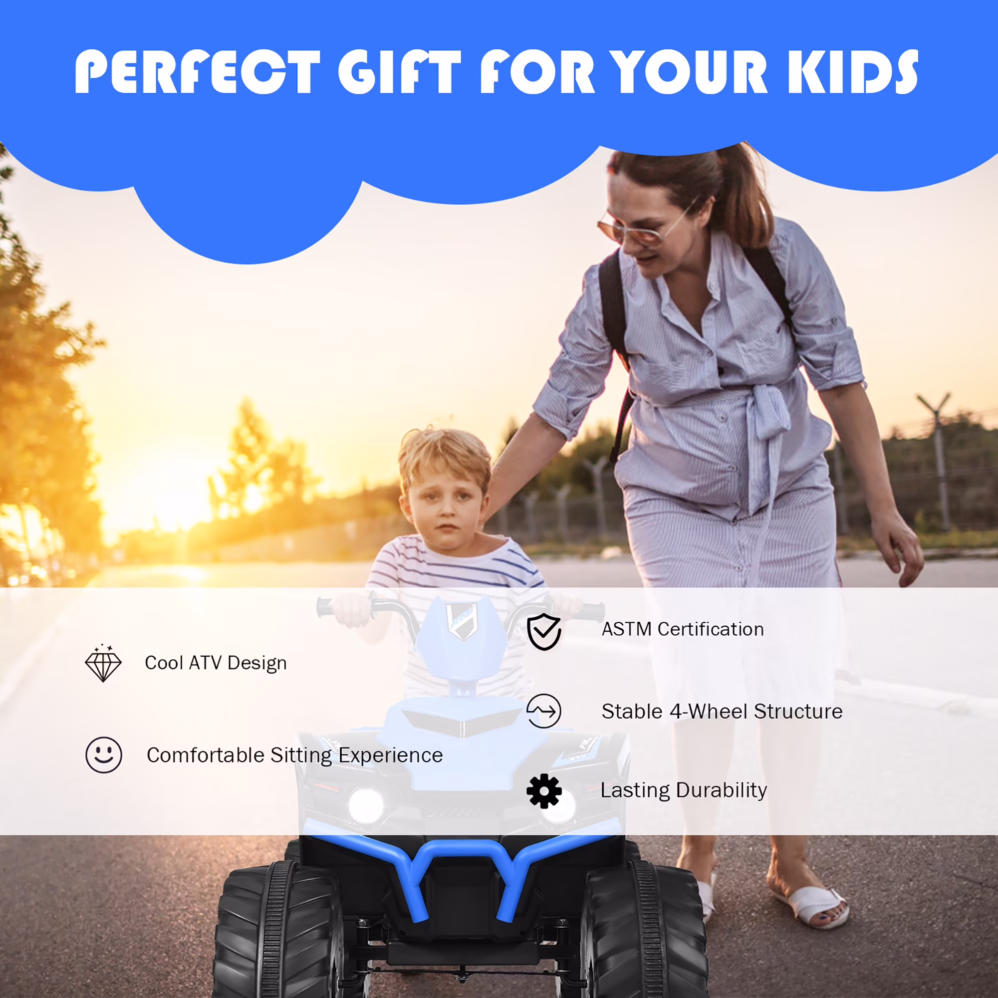 Costway 12V Kids 4-Wheeler ATV Quad Ride On Car w/ LED Lights Music USB Navy - Image 3