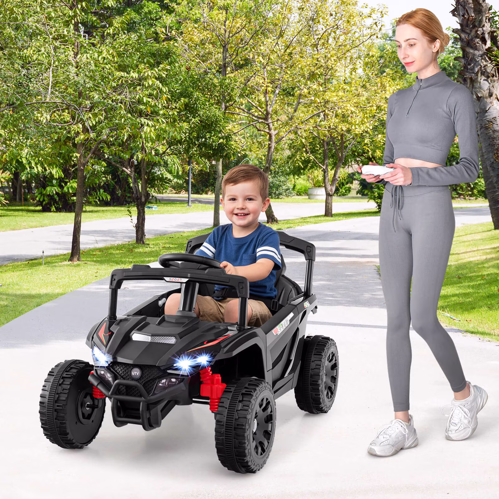 Costway 12V Kids Ride On Car Battery Powered Electric Remote Control LED Lights Music Suitable for 1 kid Black - Image 2