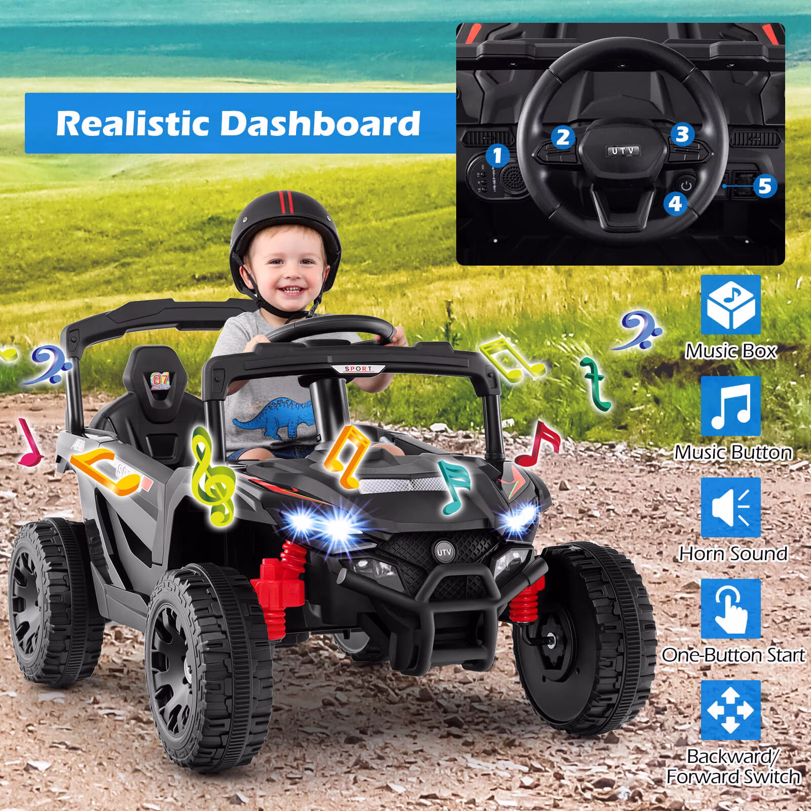 Costway 12V Kids Ride On Car Battery Powered Electric Remote Control LED Lights Music Suitable for 1 kid Black - Image 5