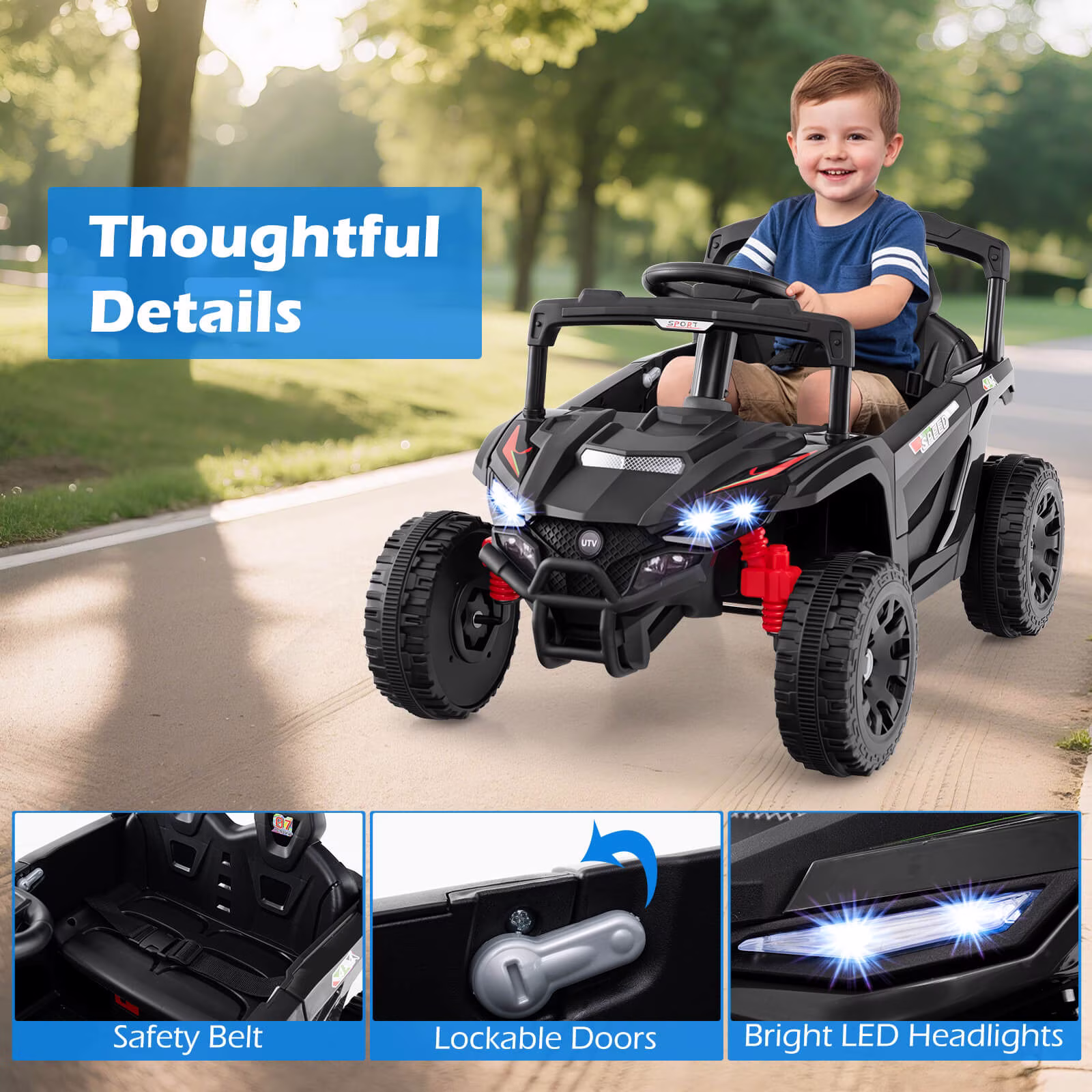 Costway 12V Kids Ride On Car Battery Powered Electric Remote Control LED Lights Music Suitable for 1 kid Black - Image 3