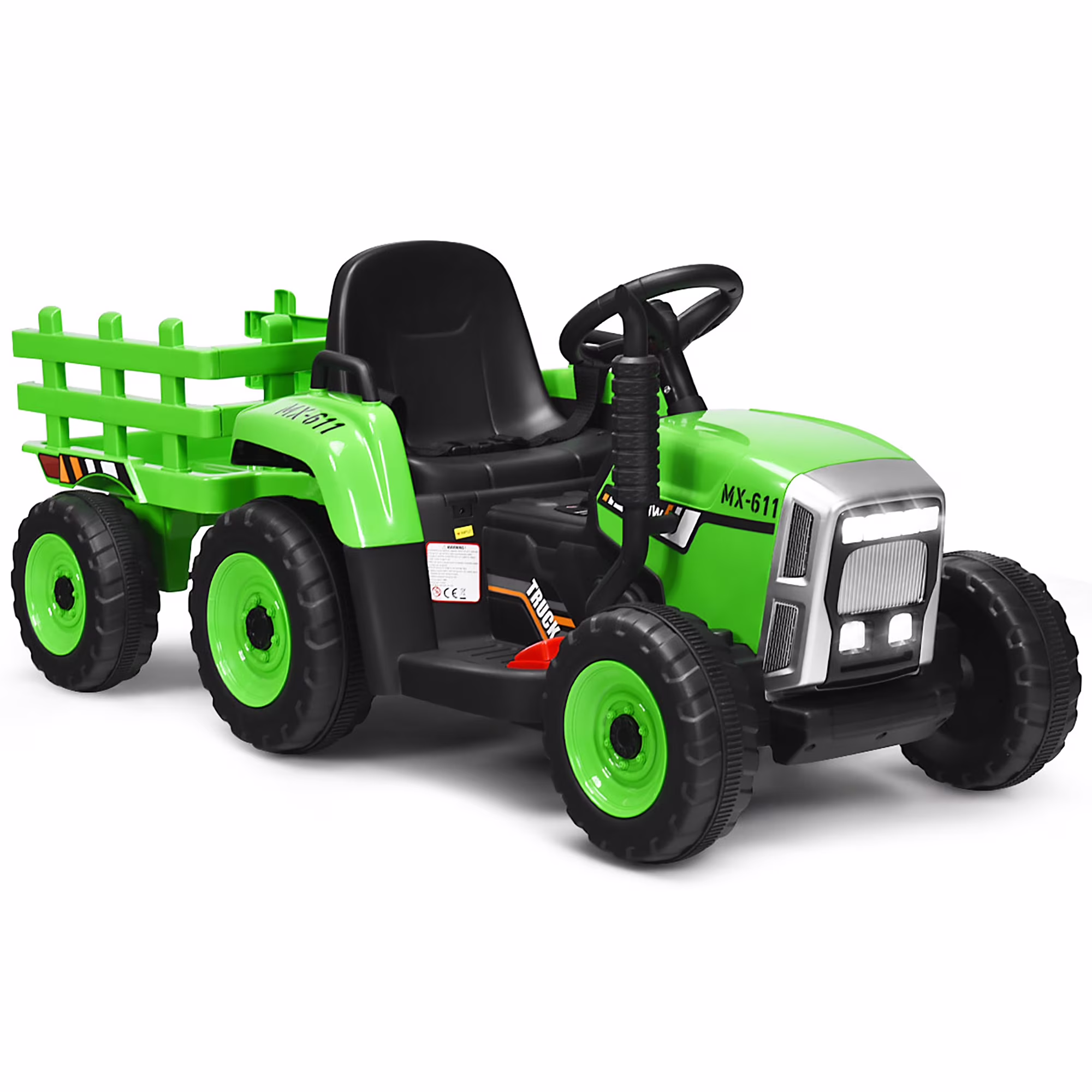 Costway 12V Kids Ride On Tractor with Trailer Ground Loader w/Remote Control &LED Lights Green - Image 2