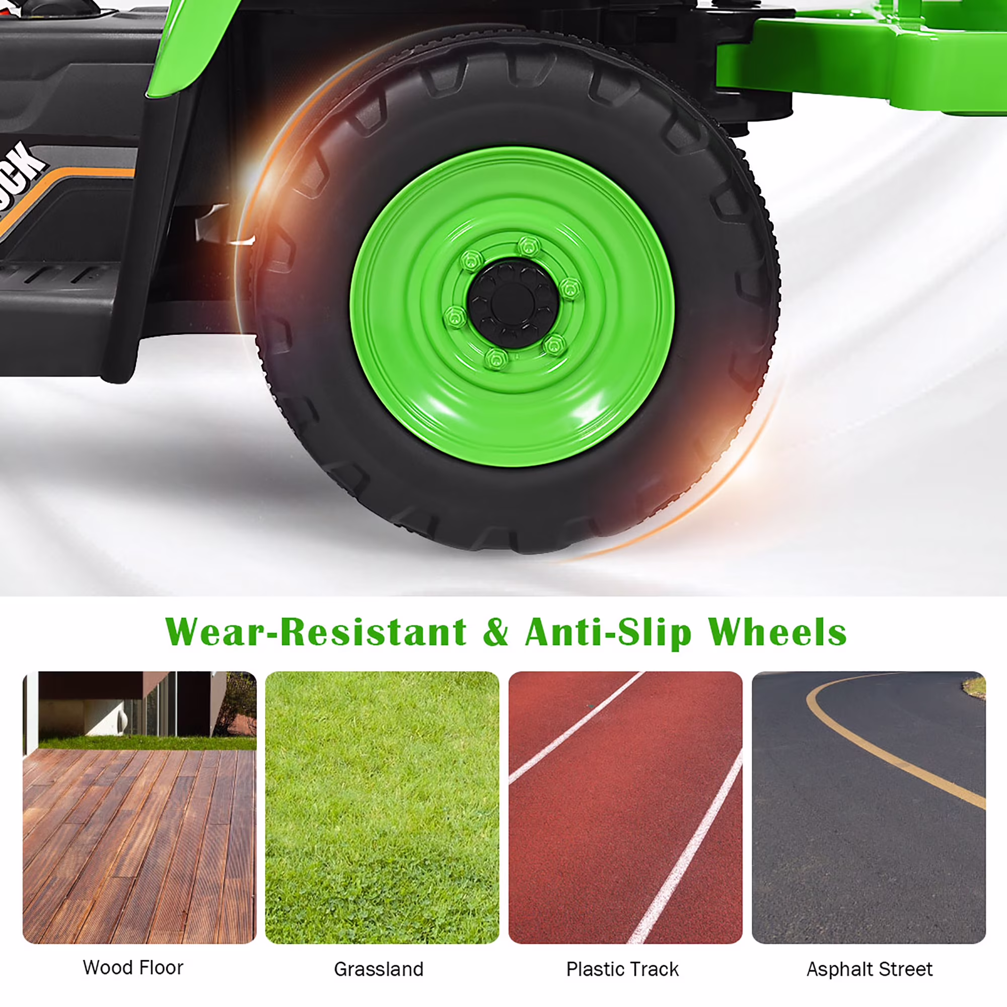 Costway 12V Kids Ride On Tractor with Trailer Ground Loader w/Remote Control &LED Lights Green - Image 3
