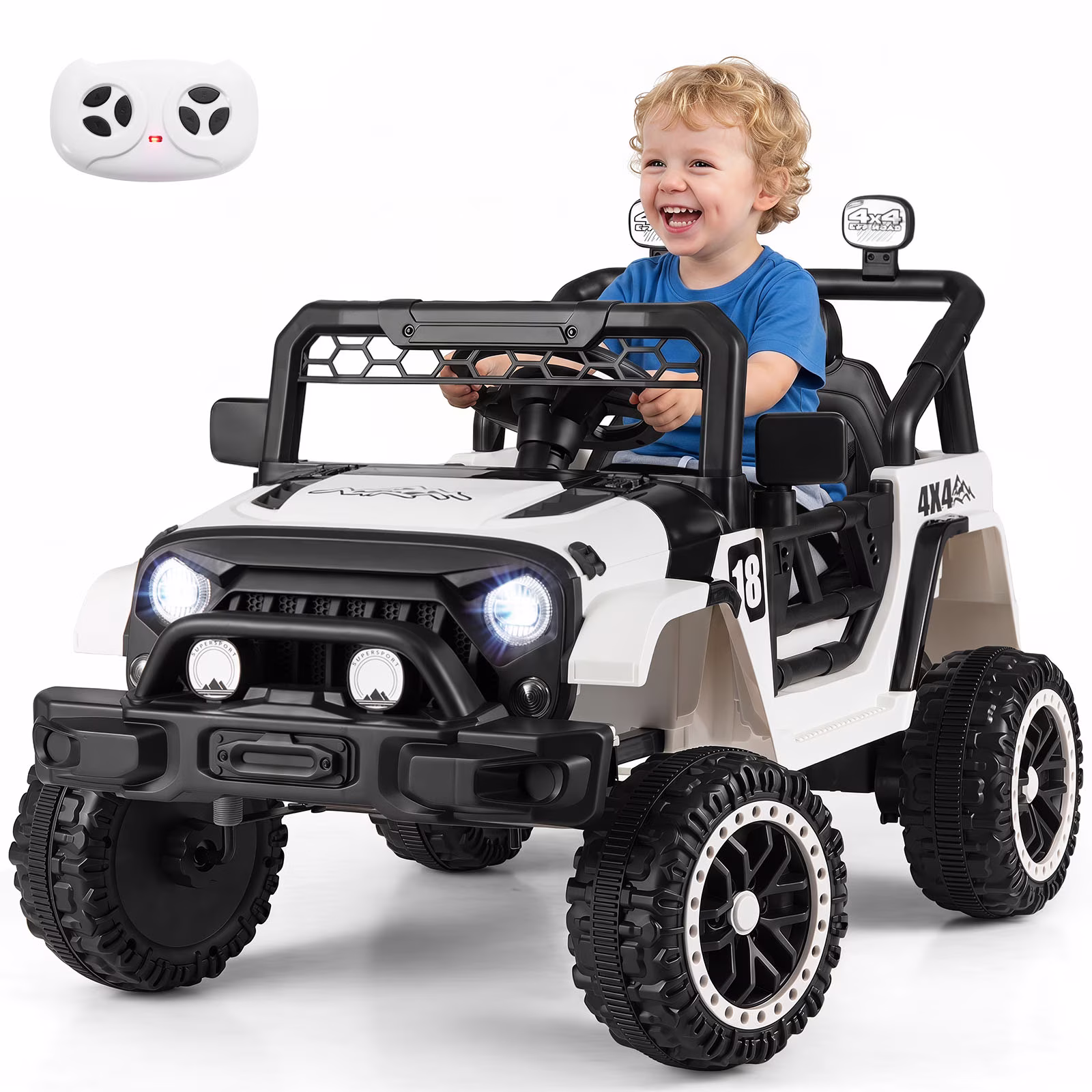 Costway 12V Kids Ride on Truck with Remote Control 3 Speeds LED Lights Horn Music Story Black + White - Image 4