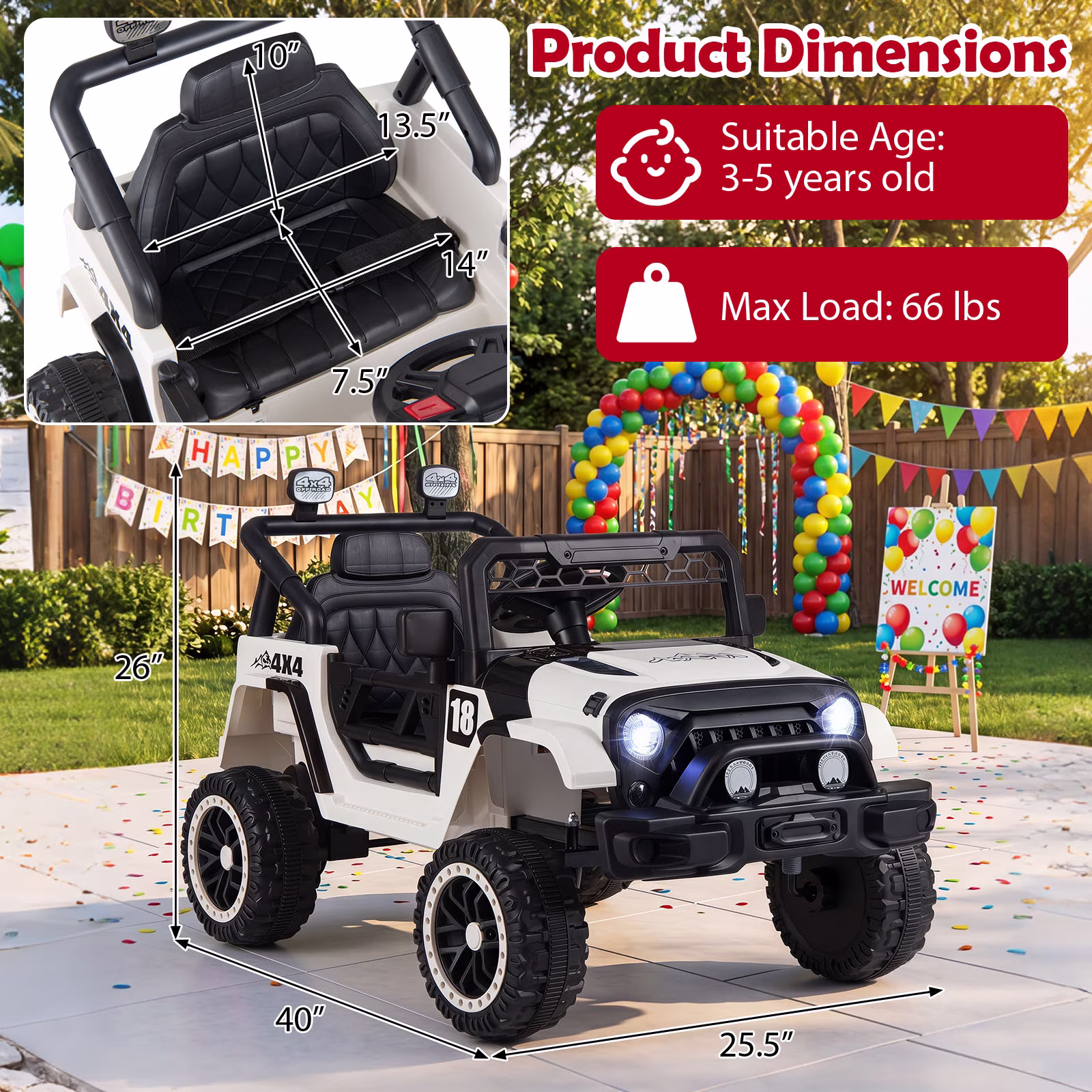 Costway 12V Kids Ride on Truck with Remote Control 3 Speeds LED Lights Horn Music Story Black + White - Image 3