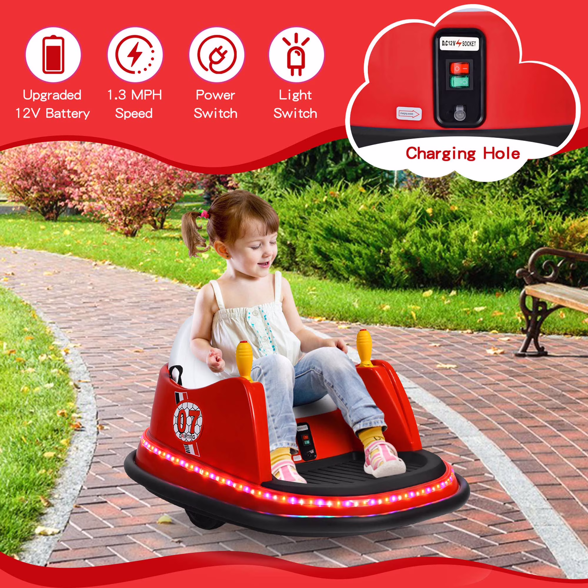 Costway 12V Vehicle 360° Spin Race Toy Kids Ride On Bumper Car with Remote Control Red - Image 2
