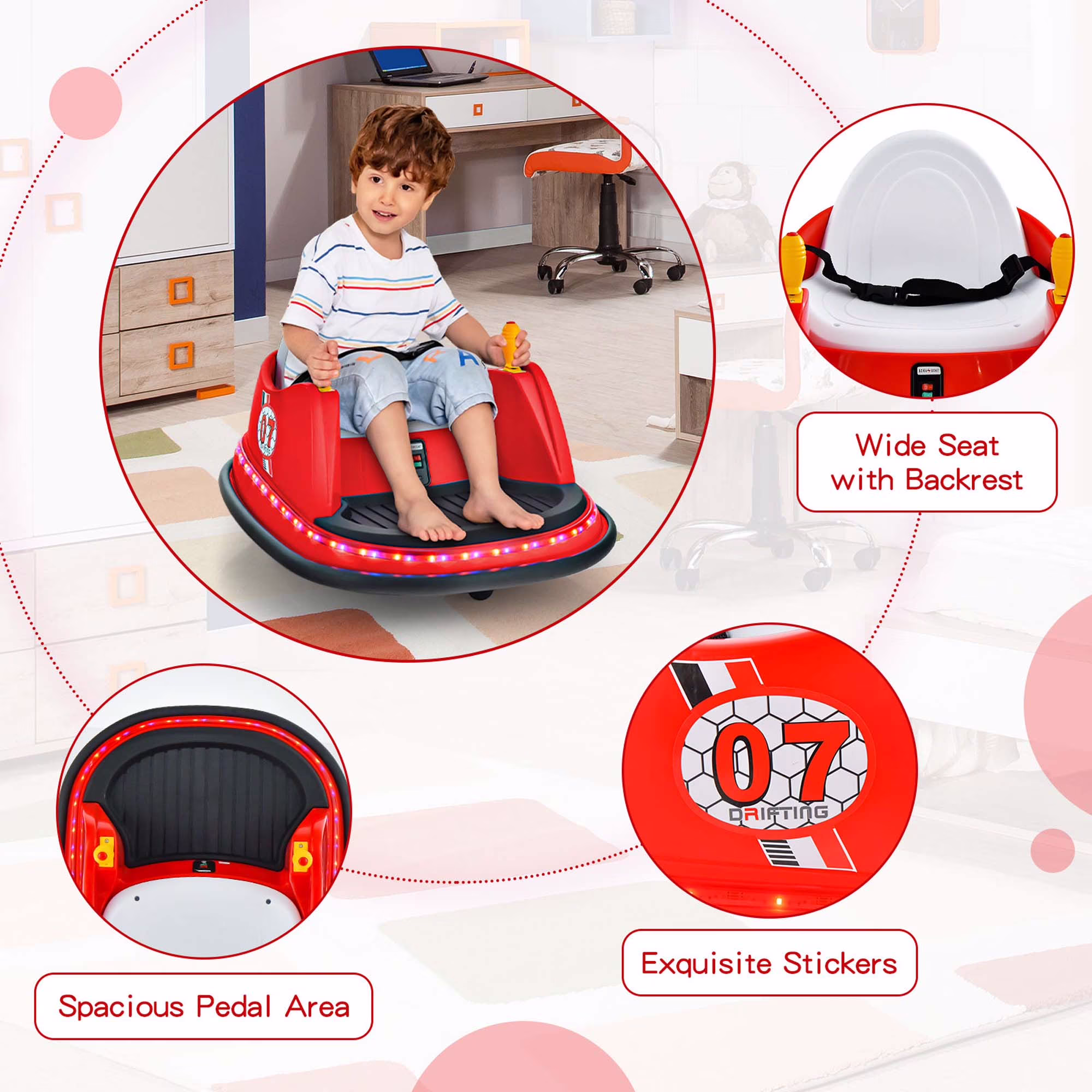 Costway 12V Vehicle 360° Spin Race Toy Kids Ride On Bumper Car with Remote Control Red - Image 5