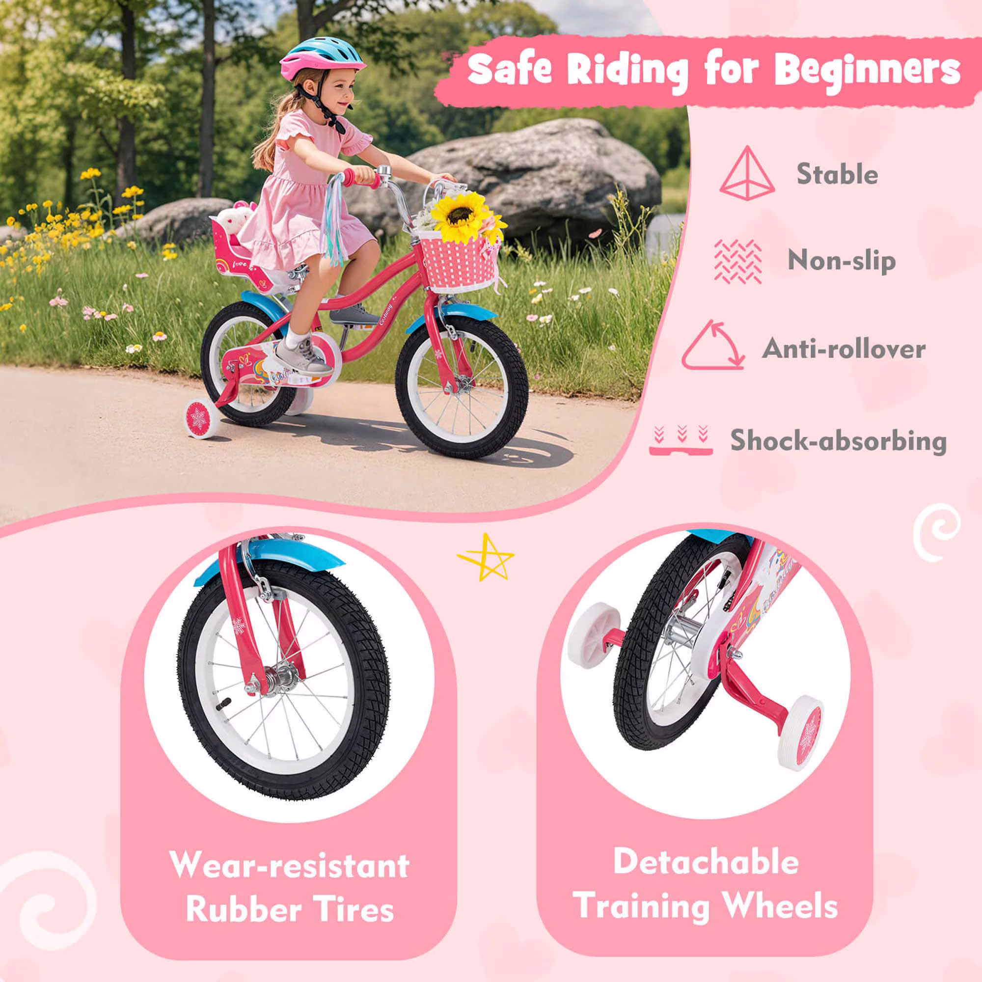 Costway 14 Inch Kids Bike with Basket Doll Seat & Colorful Streamers 2 Training Wheels Pink - Image 3