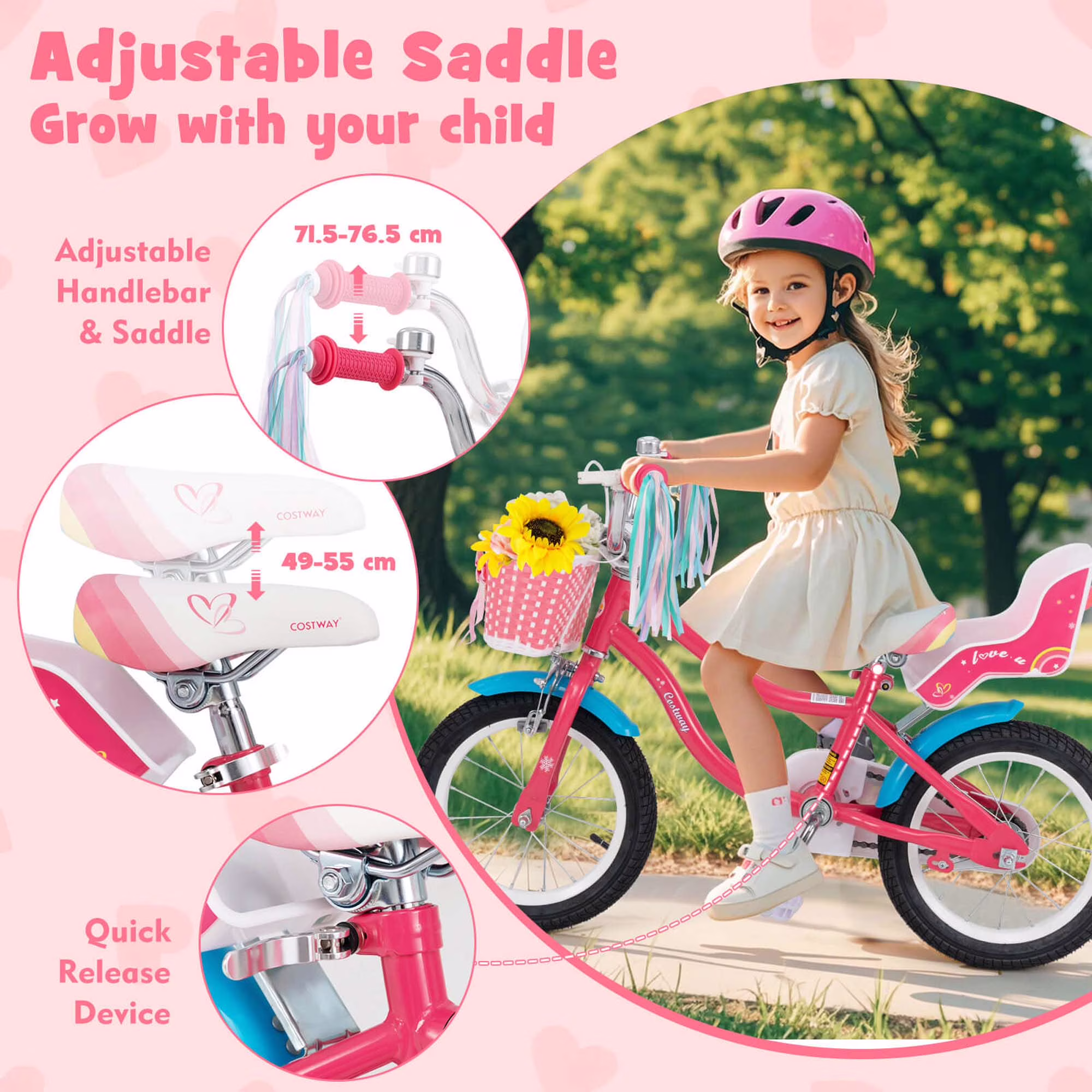 Costway 14 Inches Kids Bicycle with Training Wheels & Basket for Girls Age 3-5 Years Pink - Image 4