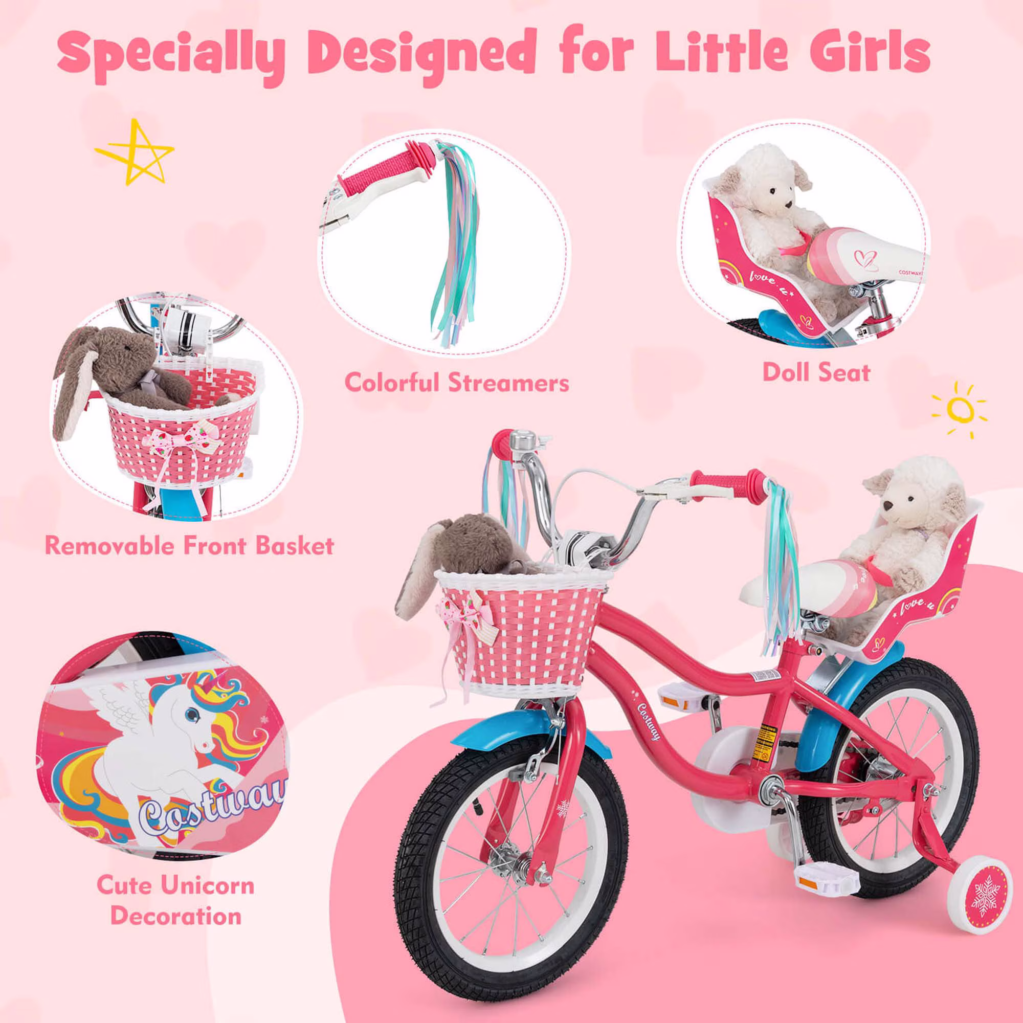 Costway 14 Inch Kids Bike with Basket Doll Seat & Colorful Streamers 2 Training Wheels Pink - Image 4
