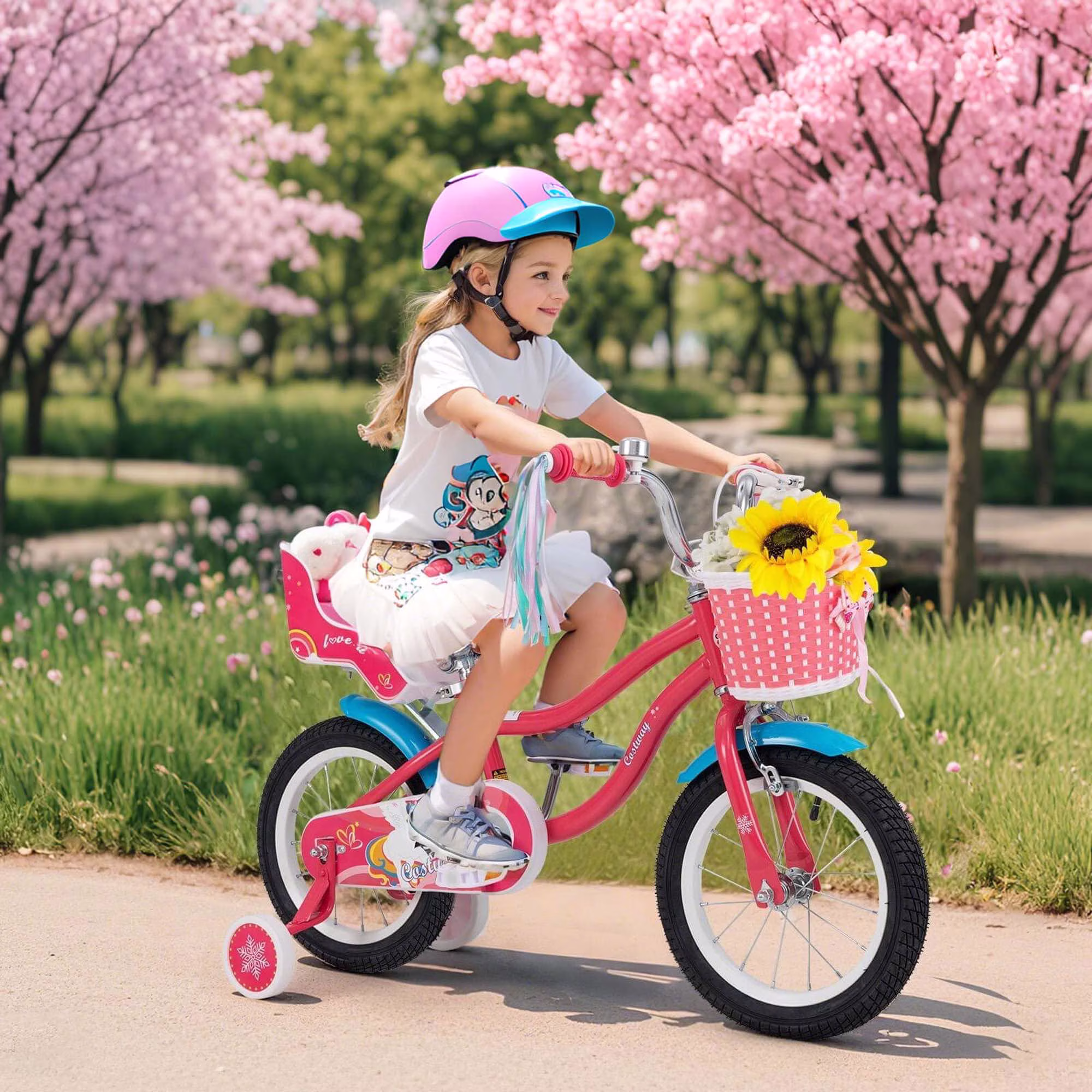 Costway 14 Inches Kids Bicycle with Training Wheels & Basket for Girls Age 3-5 Years Pink - Image 2
