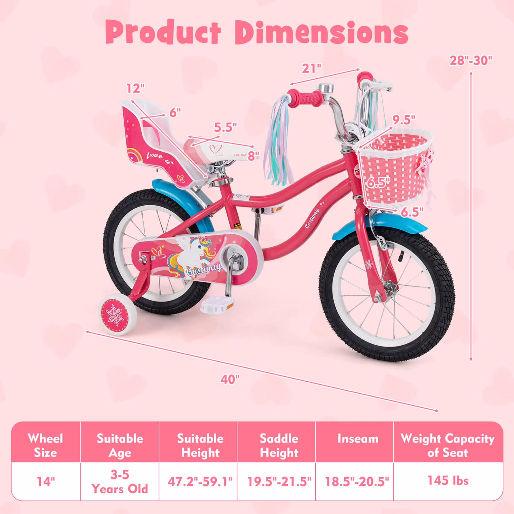 Costway 14 Inches Kids Bicycle with Training Wheels & Basket for Girls Age 3-5 Years Pink - Image 3