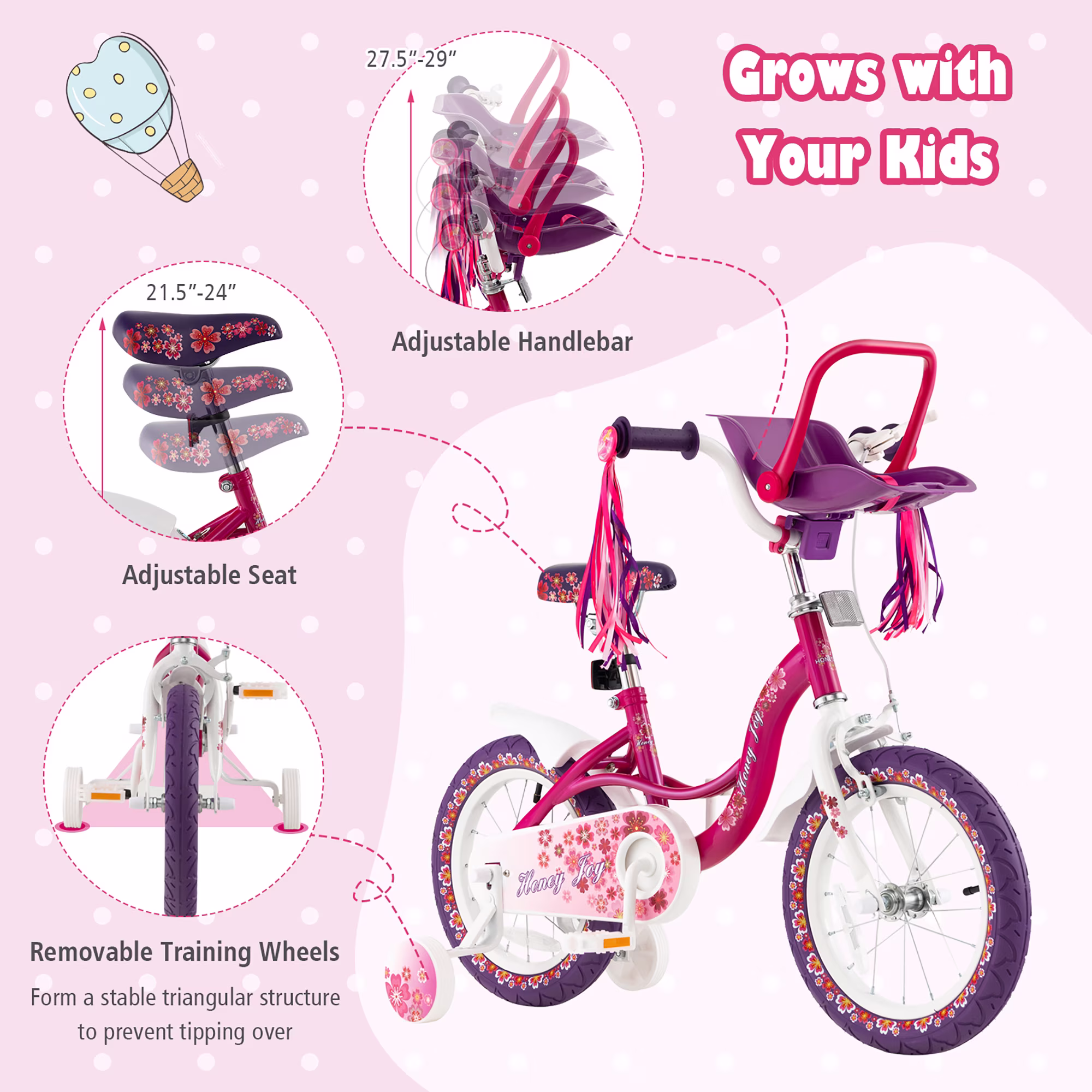 Costway 14'' Kids Bike with Doll Seat Girls Bicycle with Training Wheels for 3-5 Years Old Girl - Image 4