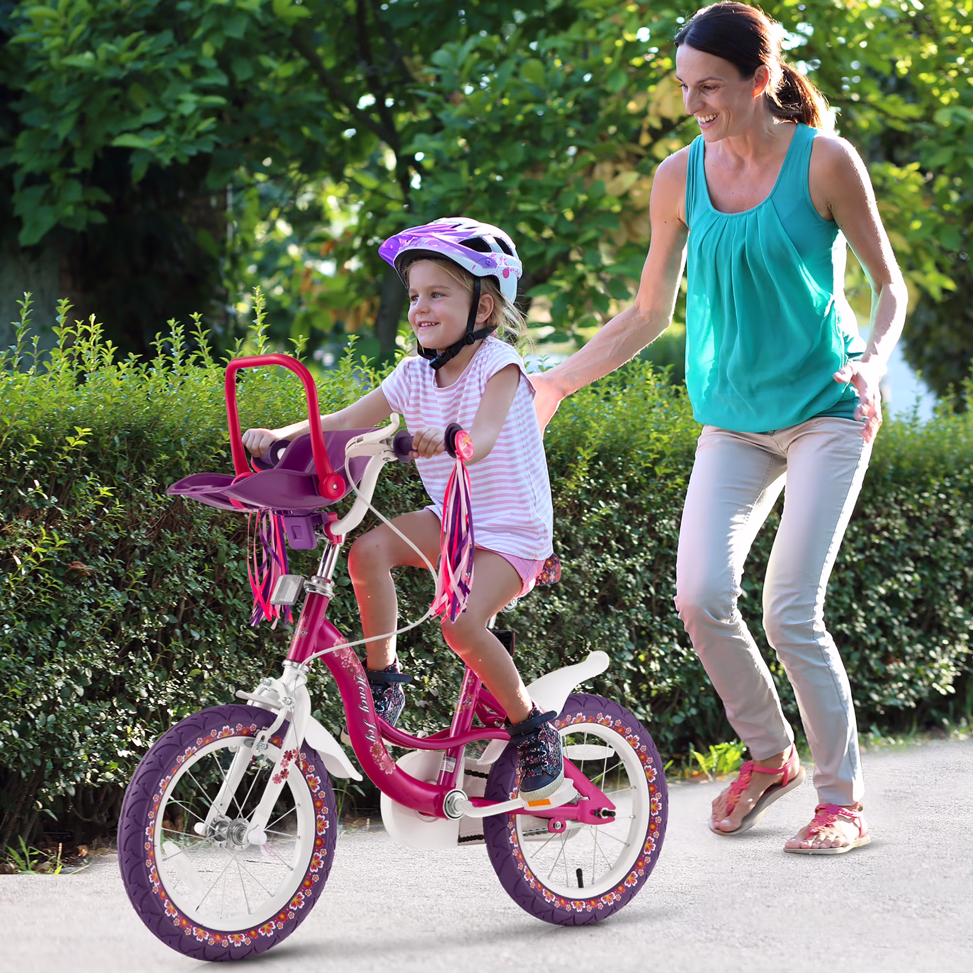 Costway 14'' Kids Bike with Doll Seat Girls Bicycle with Training Wheels for 3-5 Years Old Girl - Image 2