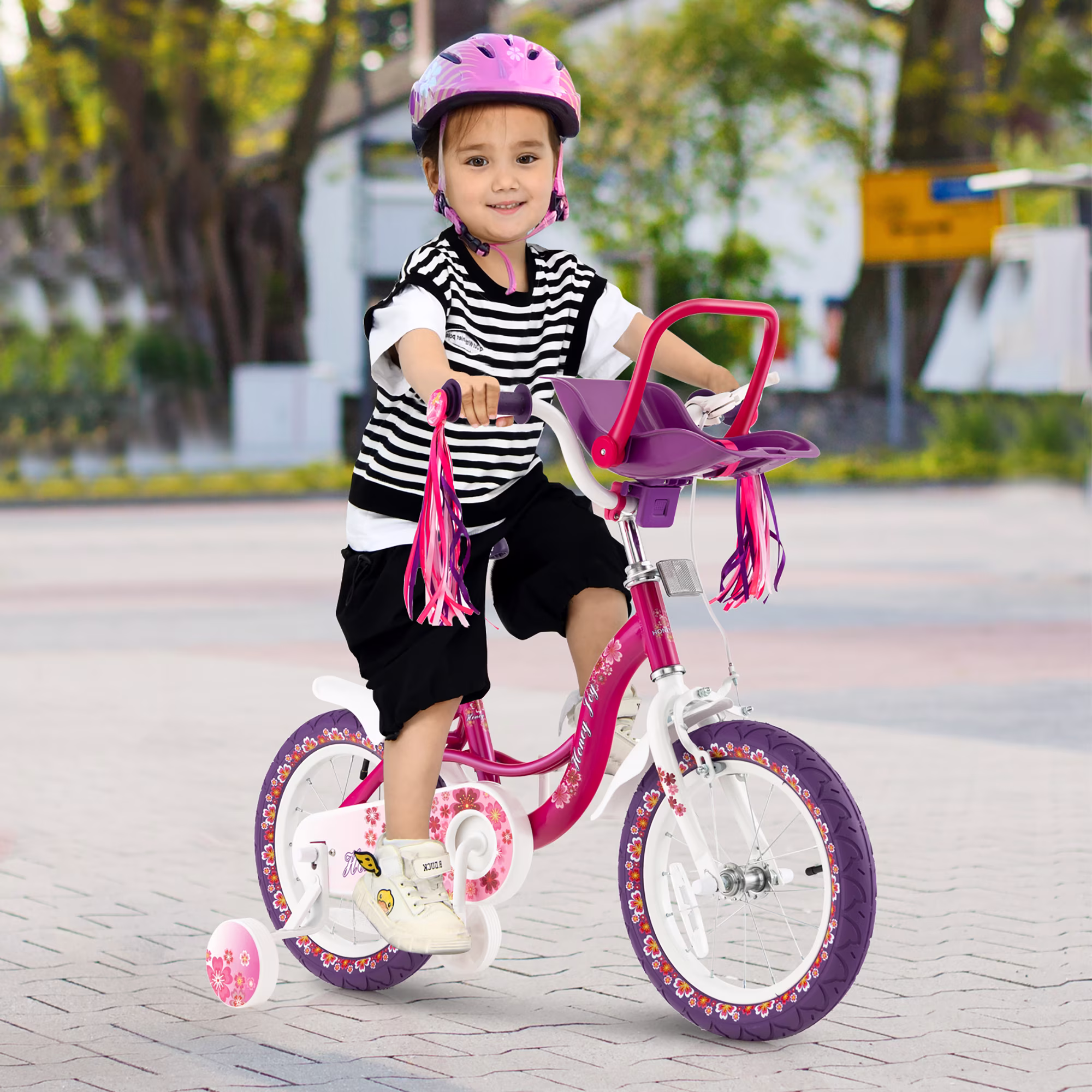 Costway 14'' Kids Bike with Doll Seat Girls Bicycle with Training Wheels for 3-5 Years Old Girl - Image 3