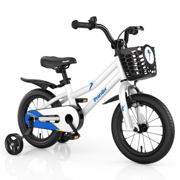 Costway 14" Kid’s Bike with Removable Training Wheels & Basket for 3-5 Years White + Blue