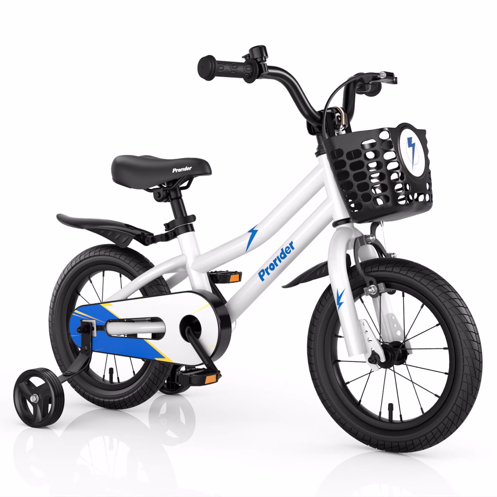 Costway 14" Kid’s Bike with Removable Training Wheels & Basket for 3-5 Years White + Blue
