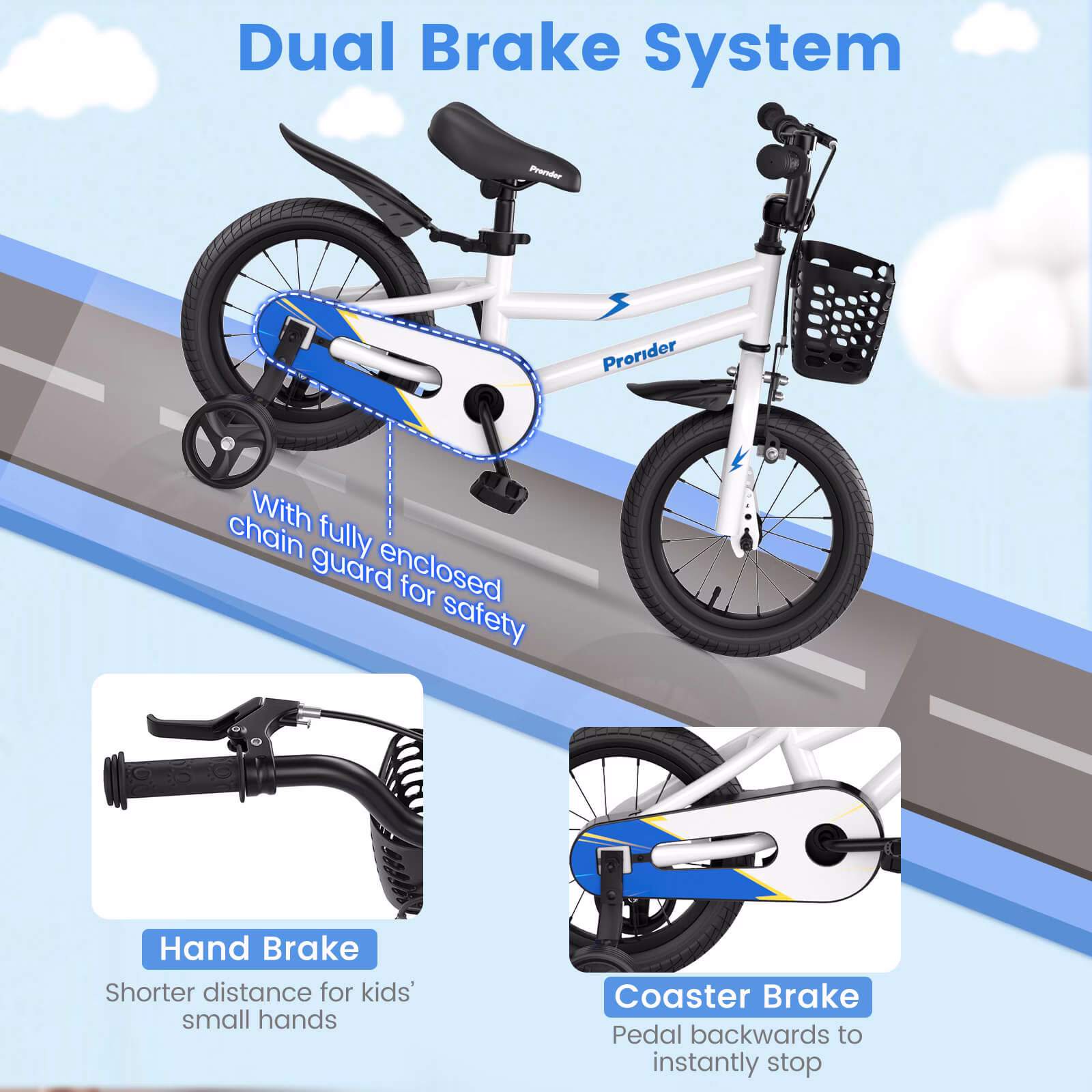 Costway 14" Kid’s Bike with Removable Training Wheels & Basket for 3-5 Years White + Blue - Image 2