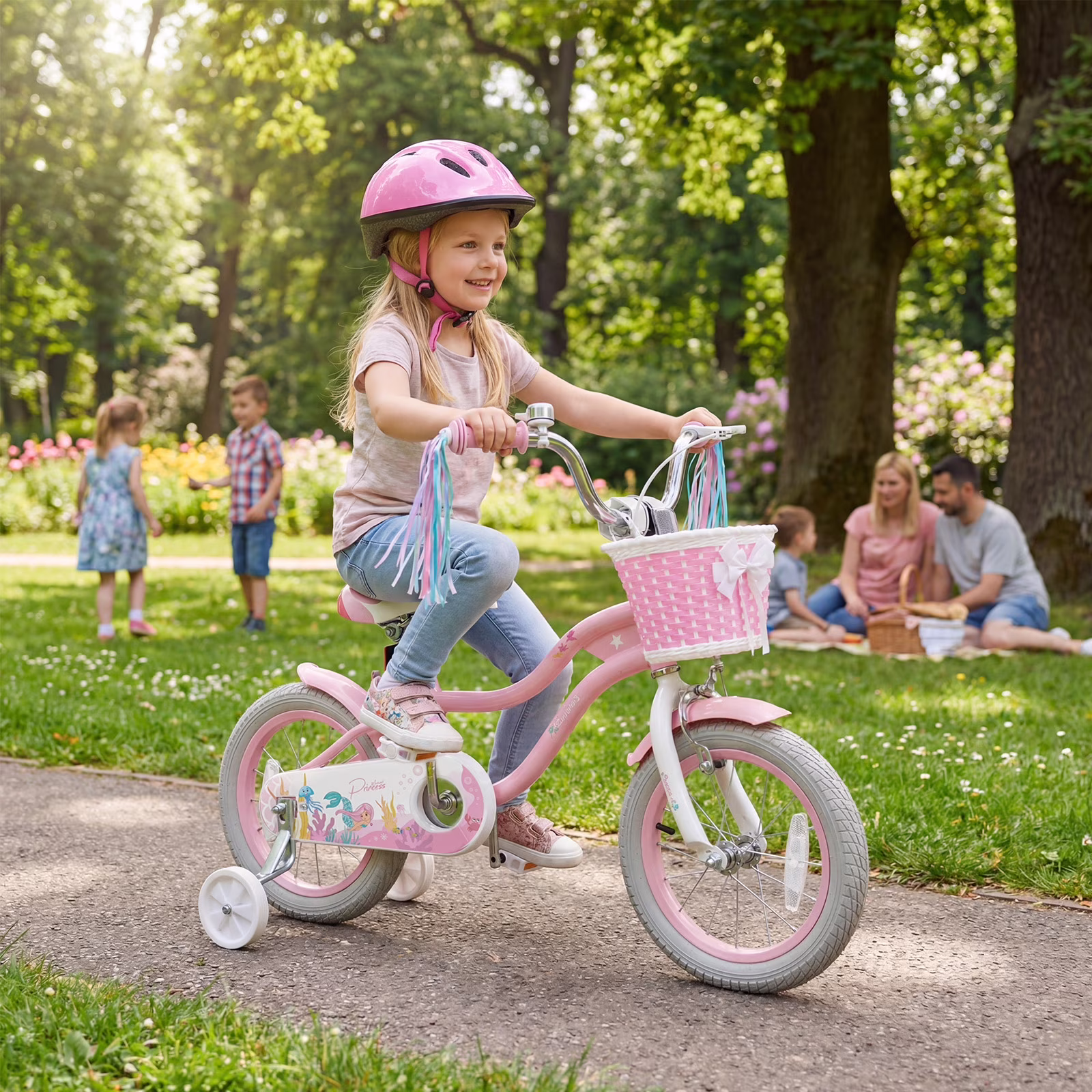 Costway 14" Kids Bike with Training Wheels Hand Coaster Brakes Adjustable Seat Handlebar Pink - Image 5