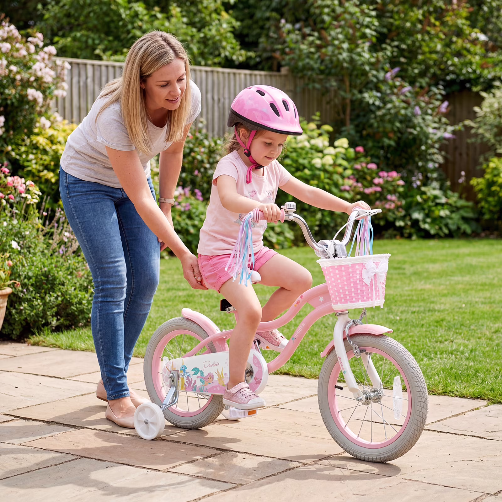 Costway 14" Kids Bike with Training Wheels Hand Coaster Brakes Adjustable Seat Handlebar Pink - Image 2