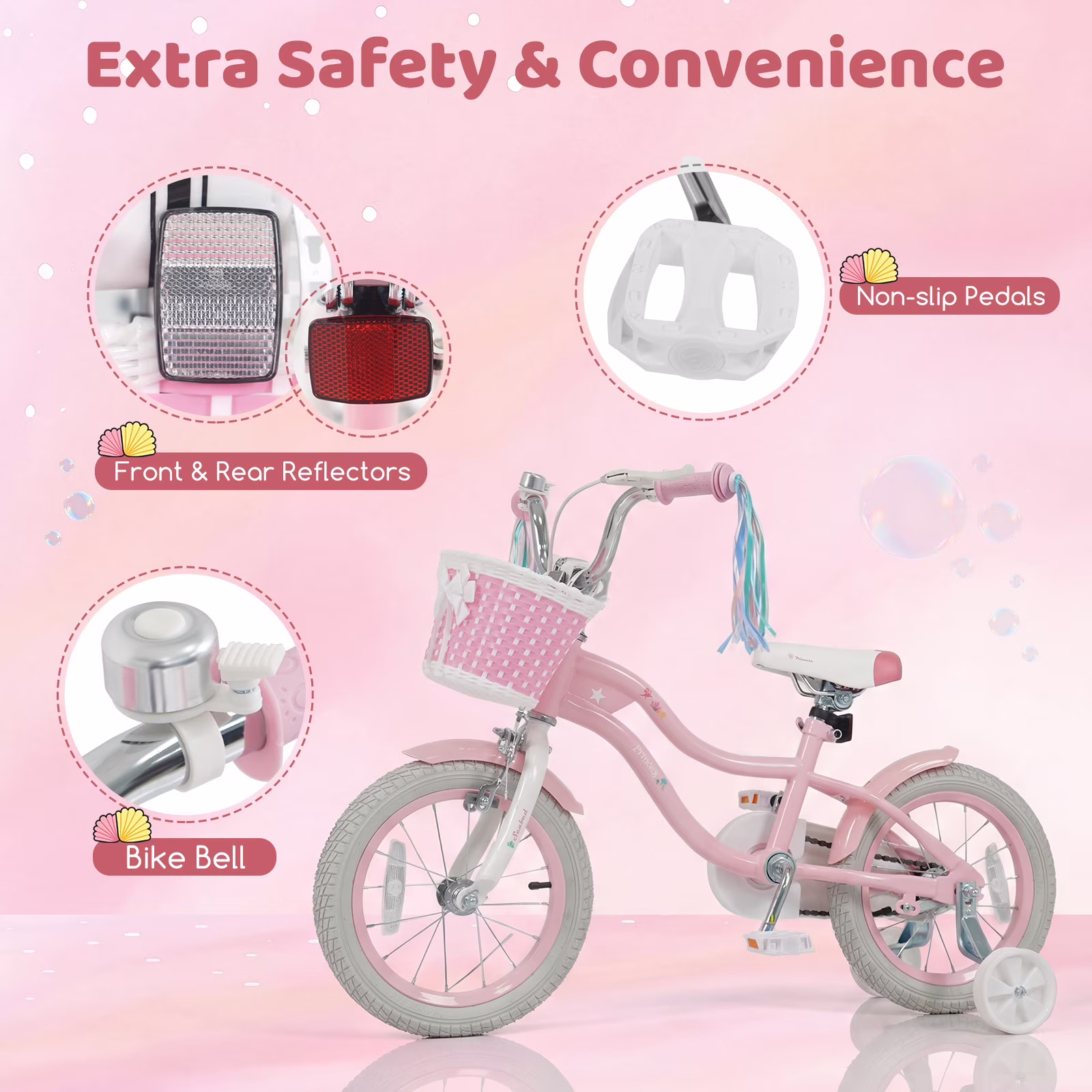 Costway 14" Kids Bike with Training Wheels Hand Coaster Brakes Adjustable Seat Handlebar Pink - Image 3