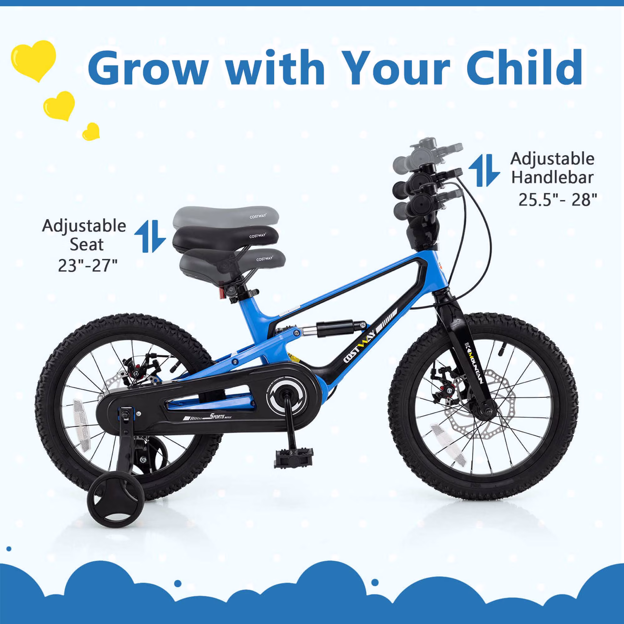 Costway 16 Inch Children Bicycle with Training Wheels & Double Disc Brakes Adjustable Seat Magnesium Alloy Blue - Image 2