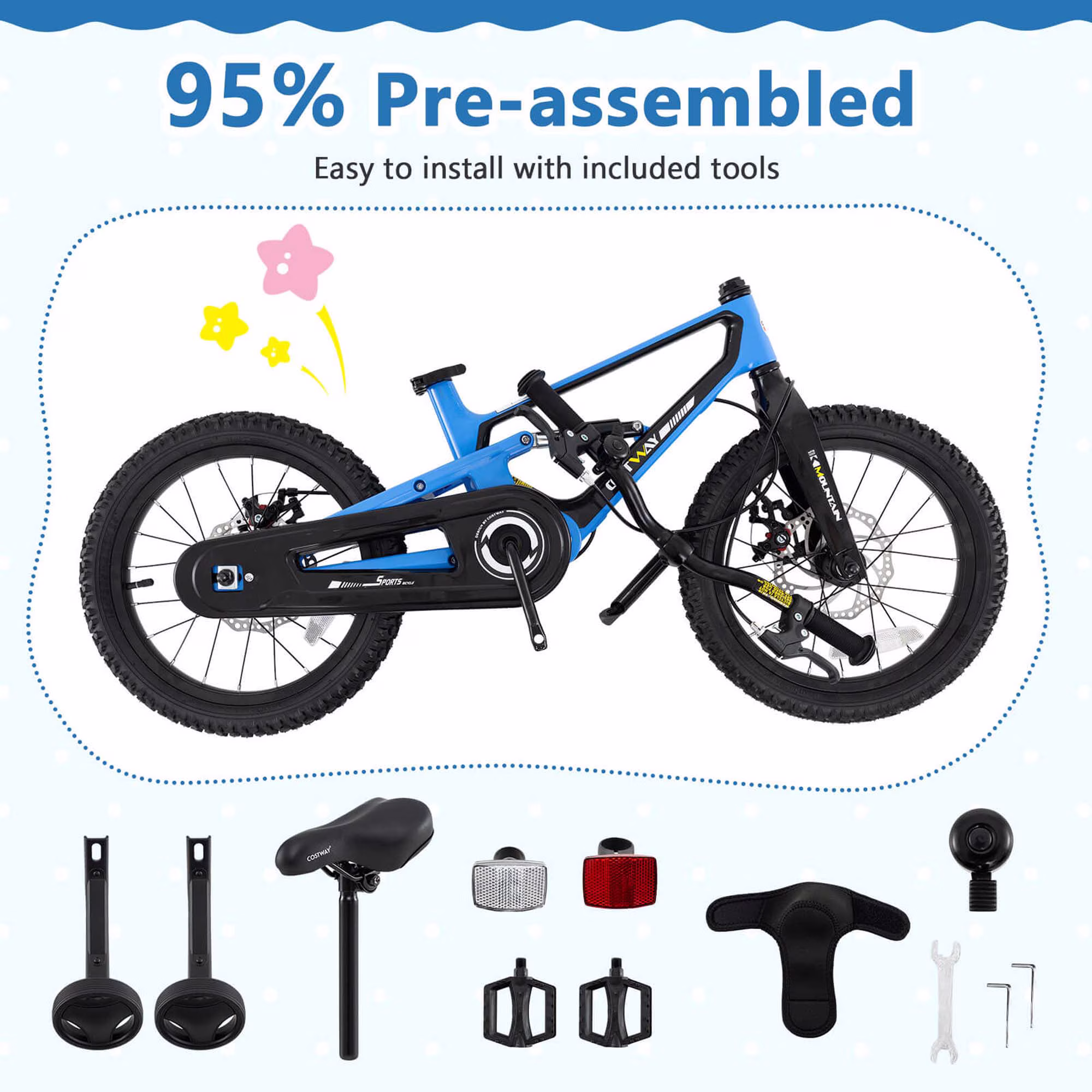 Costway 16 Inch Children Bicycle with Training Wheels & Double Disc Brakes Adjustable Seat Magnesium Alloy Blue - Image 4