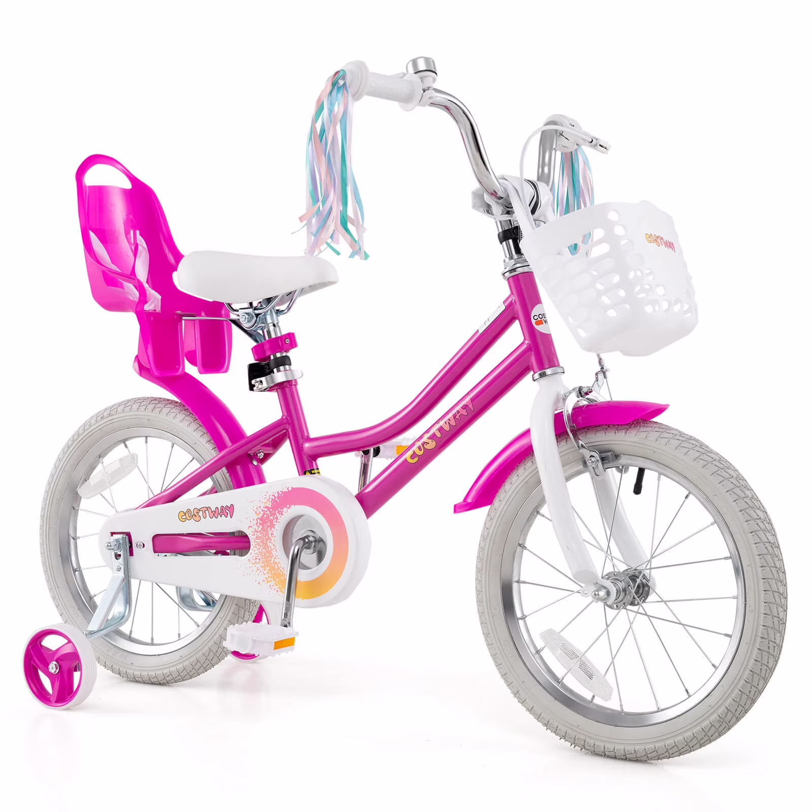 Costway 16 Inches Kids Bicycle with Basket Doll Seat Colorful Streamers Training Wheels Rose Red