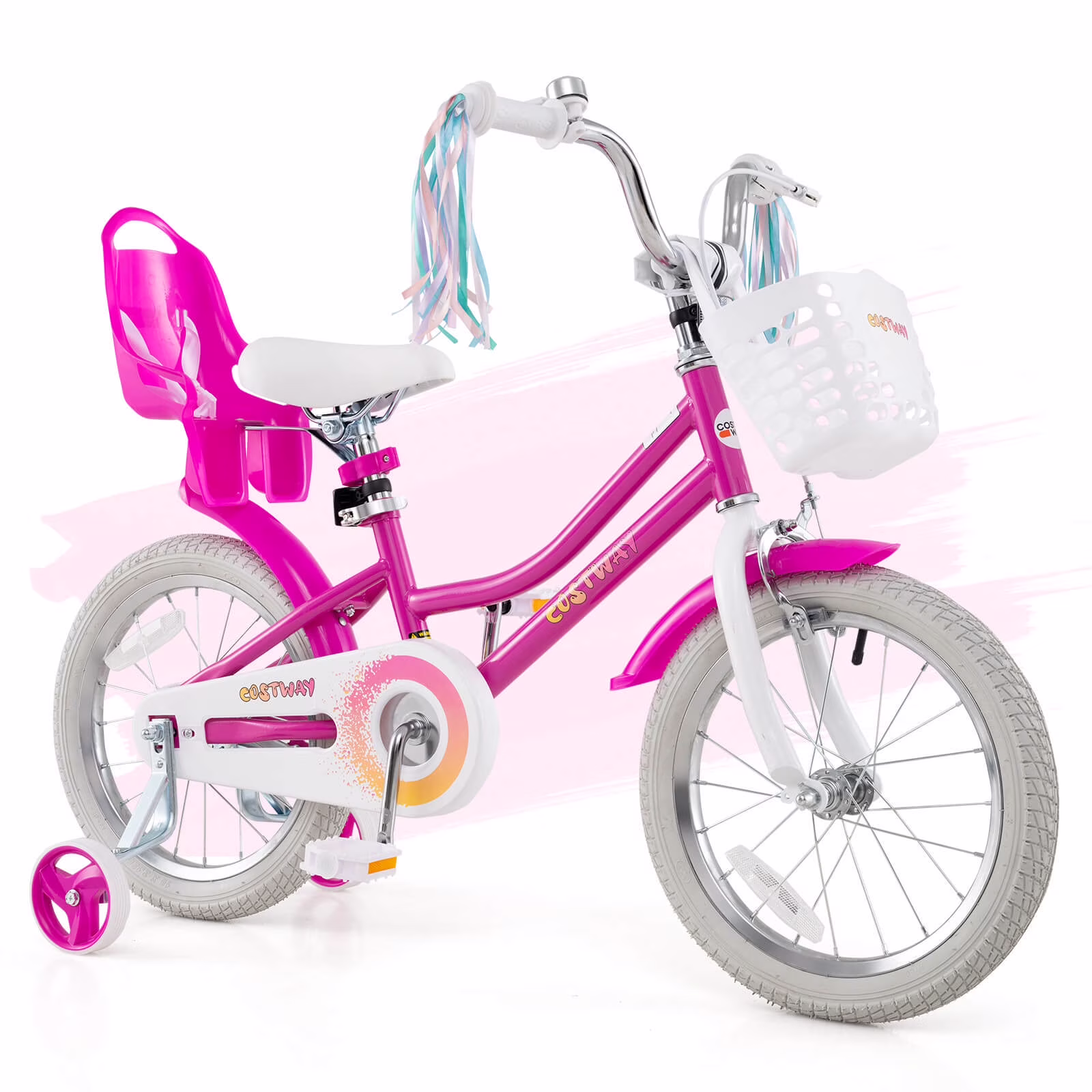 Costway 16 Inches Kids Bicycle with Basket Doll Seat Colorful Streamers Training Wheels Rose Red - Image 3