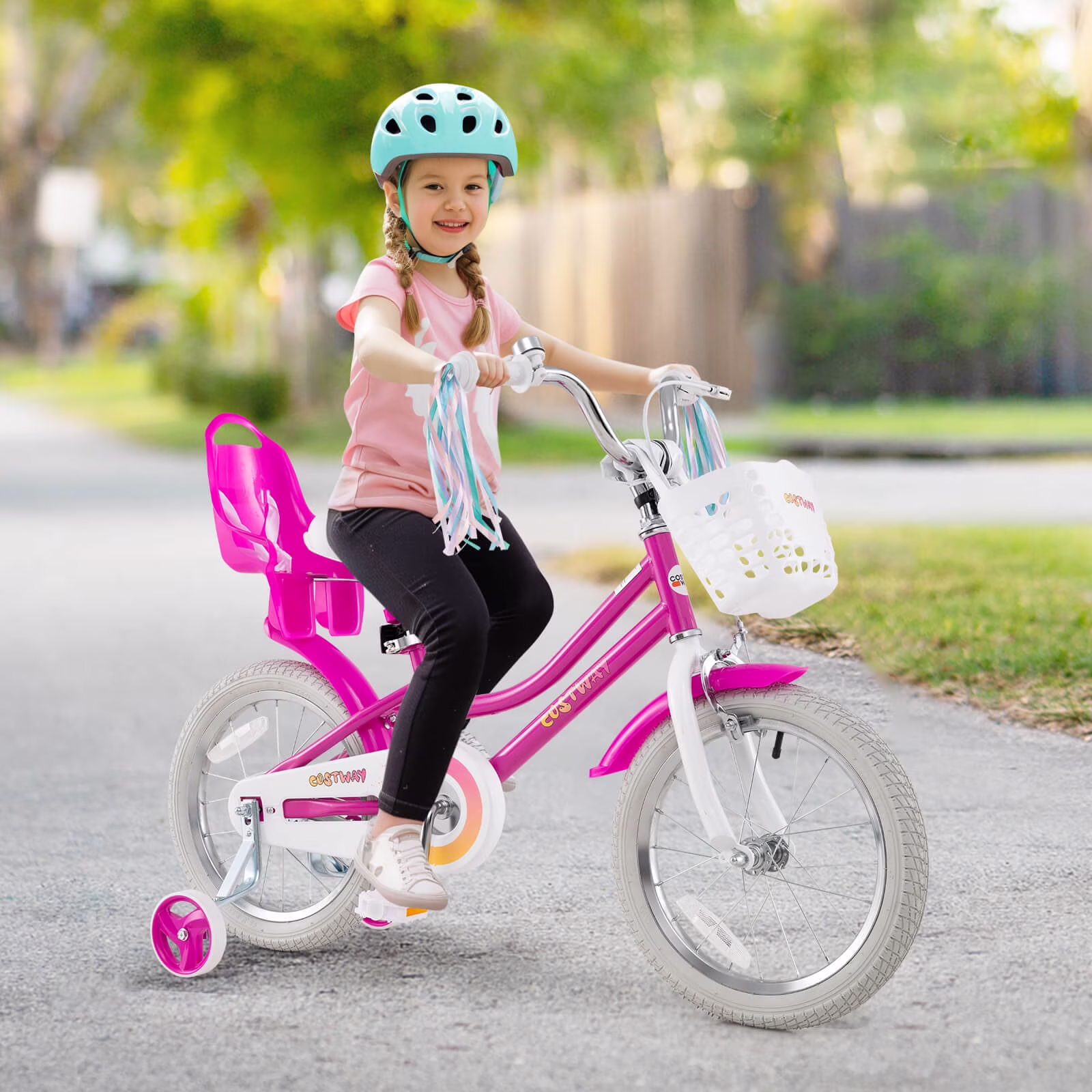 Costway 16 Inches Kids Bicycle with Basket Doll Seat Colorful Streamers Training Wheels Rose Red - Image 2
