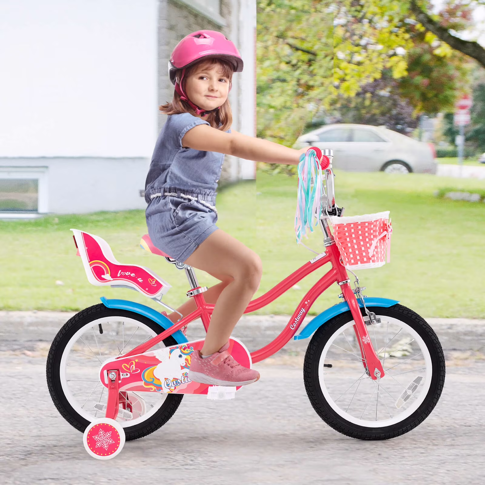 Costway 16" Kids Bike with Basket Doll Seat & Colorful Streamers 2 Training Wheels Pink - Image 5
