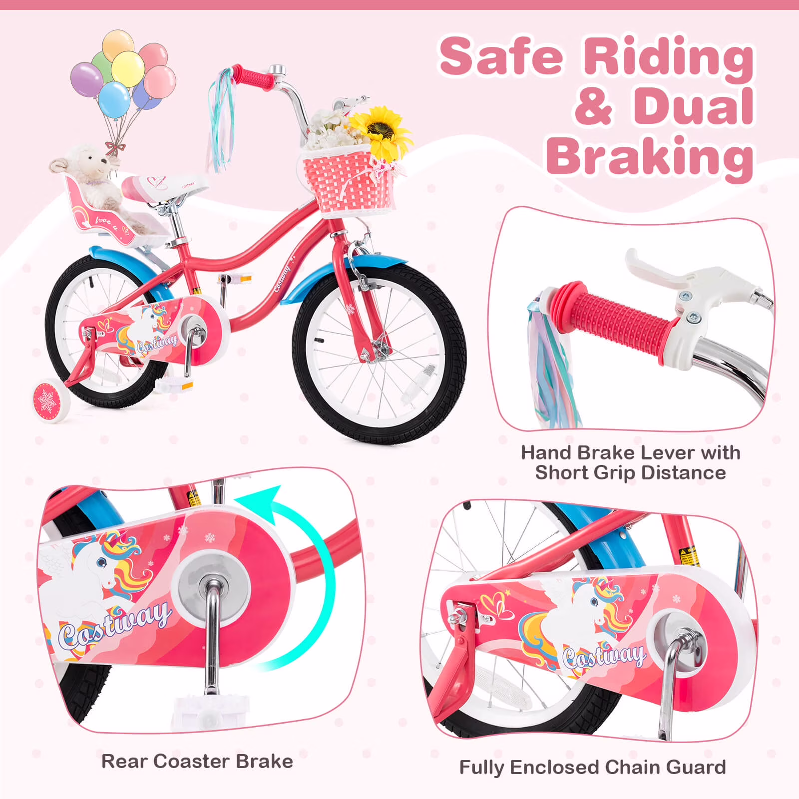 Costway 16" Kids Bike with Basket Doll Seat & Colorful Streamers 2 Training Wheels Pink - Image 4