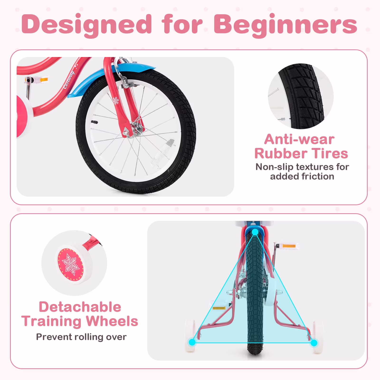 Costway 16" Kids Bike with Basket Doll Seat & Colorful Streamers 2 Training Wheels Pink - Image 3