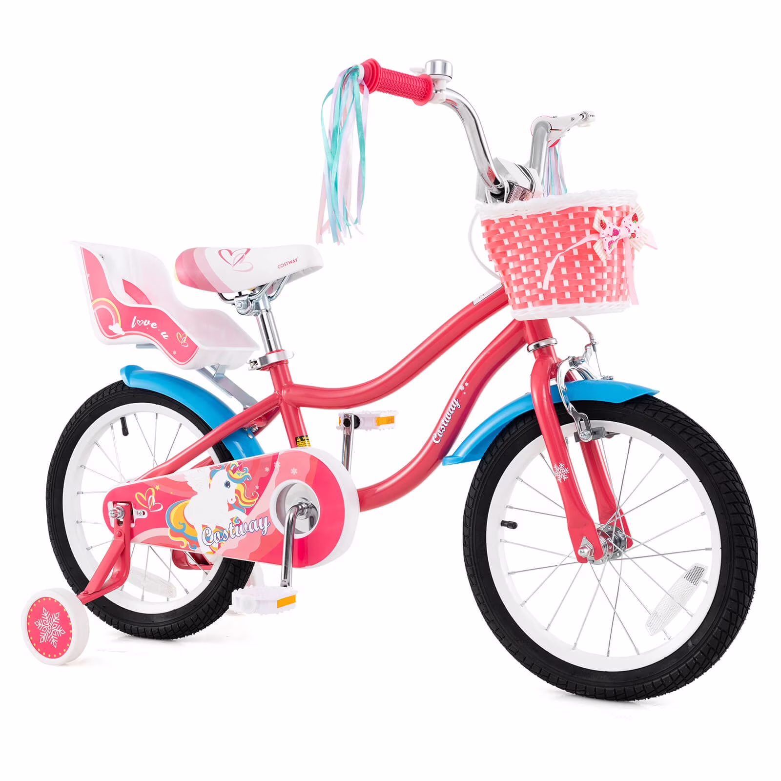 Costway 16" Kids Bike with Basket Doll Seat & Colorful Streamers 2 Training Wheels Pink
