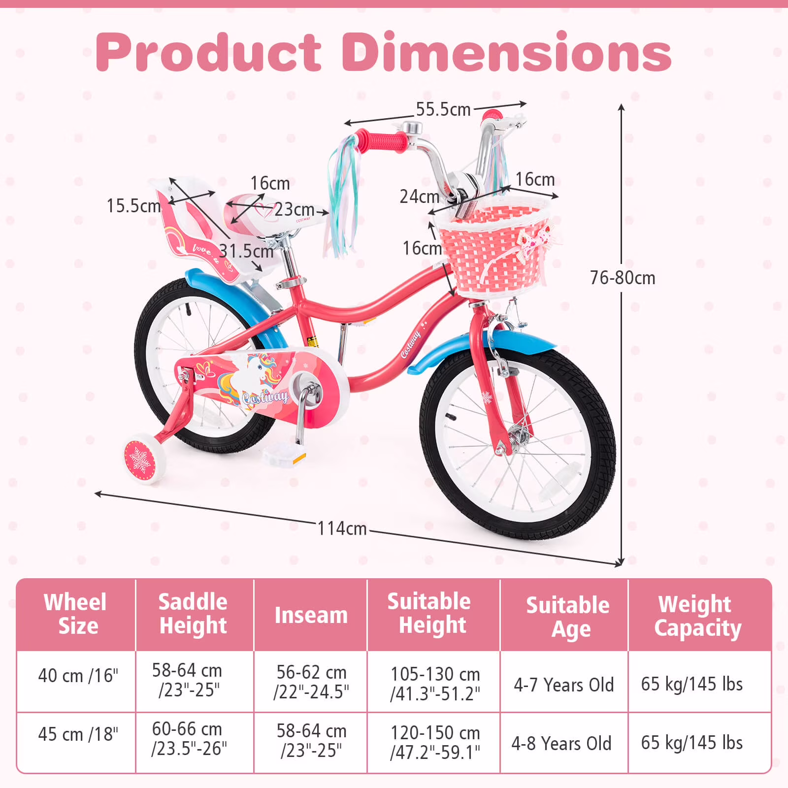 Costway 16" Kids Bike with Basket Doll Seat & Colorful Streamers 2 Training Wheels Pink - Image 2