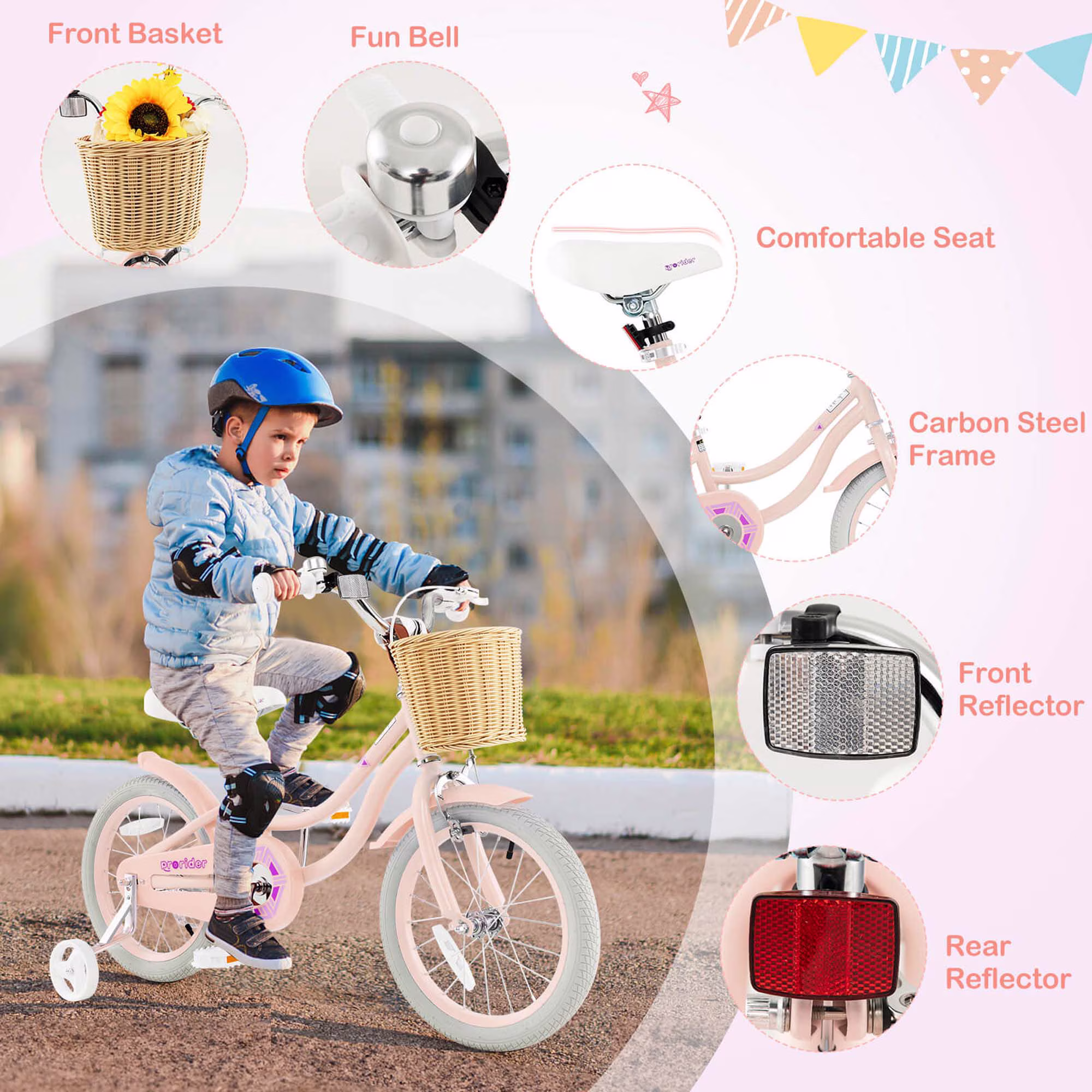 Costway 16" Kid’s Bike with Training Wheels Adjustable Handlebar Seat Handbrake Pink - Image 5