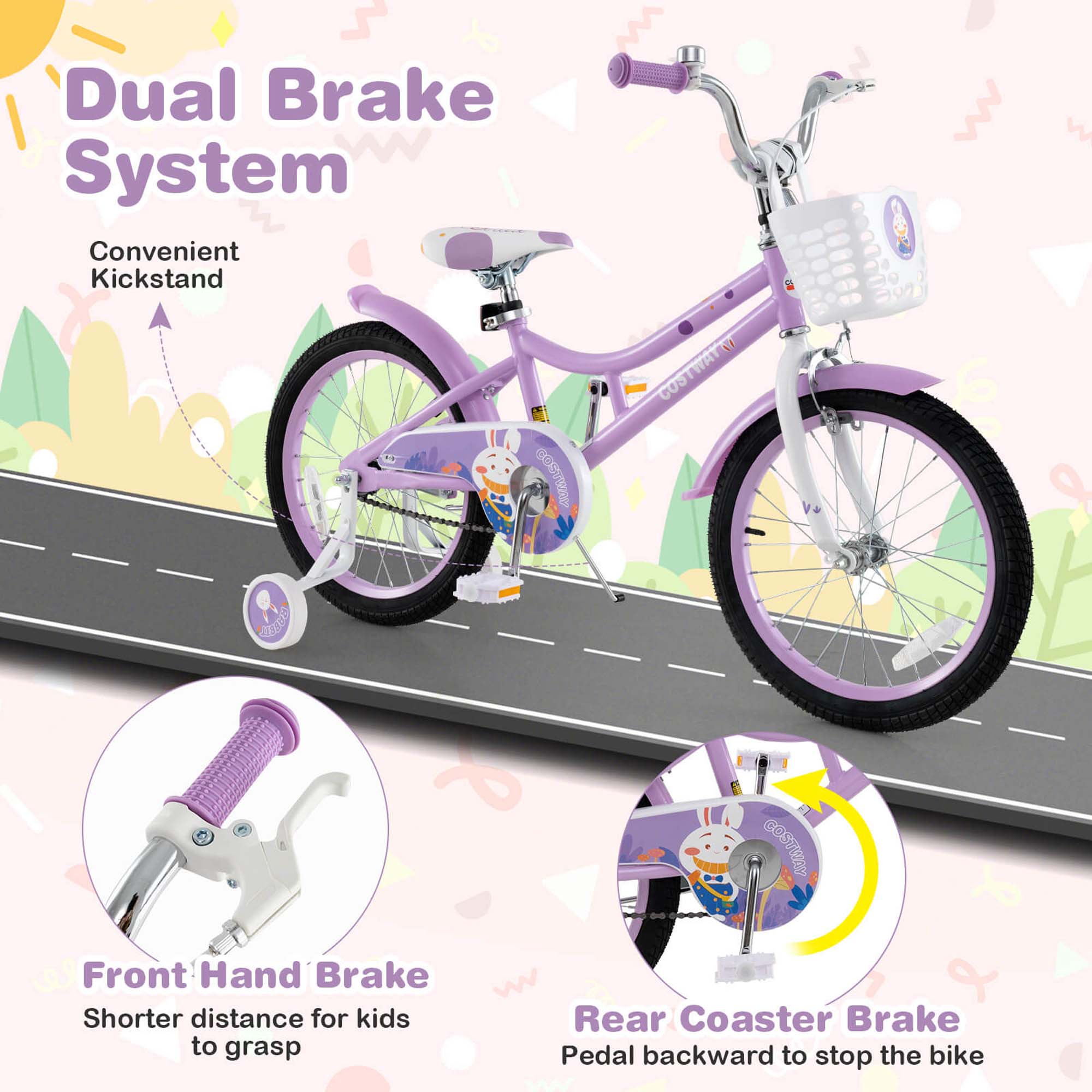Costway 18" Girl Bike with Basket Detachable Training Wheels Adjustable Seat Handbrake Coaster Brake Purple - Image 3