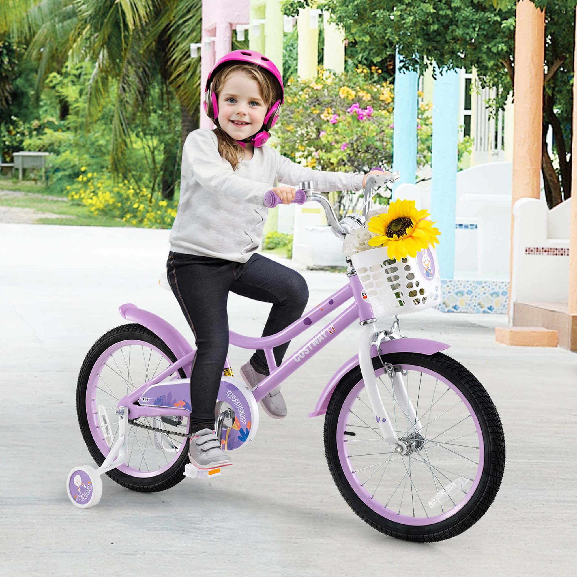 Costway 18" Girl Bike with Basket Detachable Training Wheels Adjustable Seat Handbrake Coaster Brake Purple - Image 2