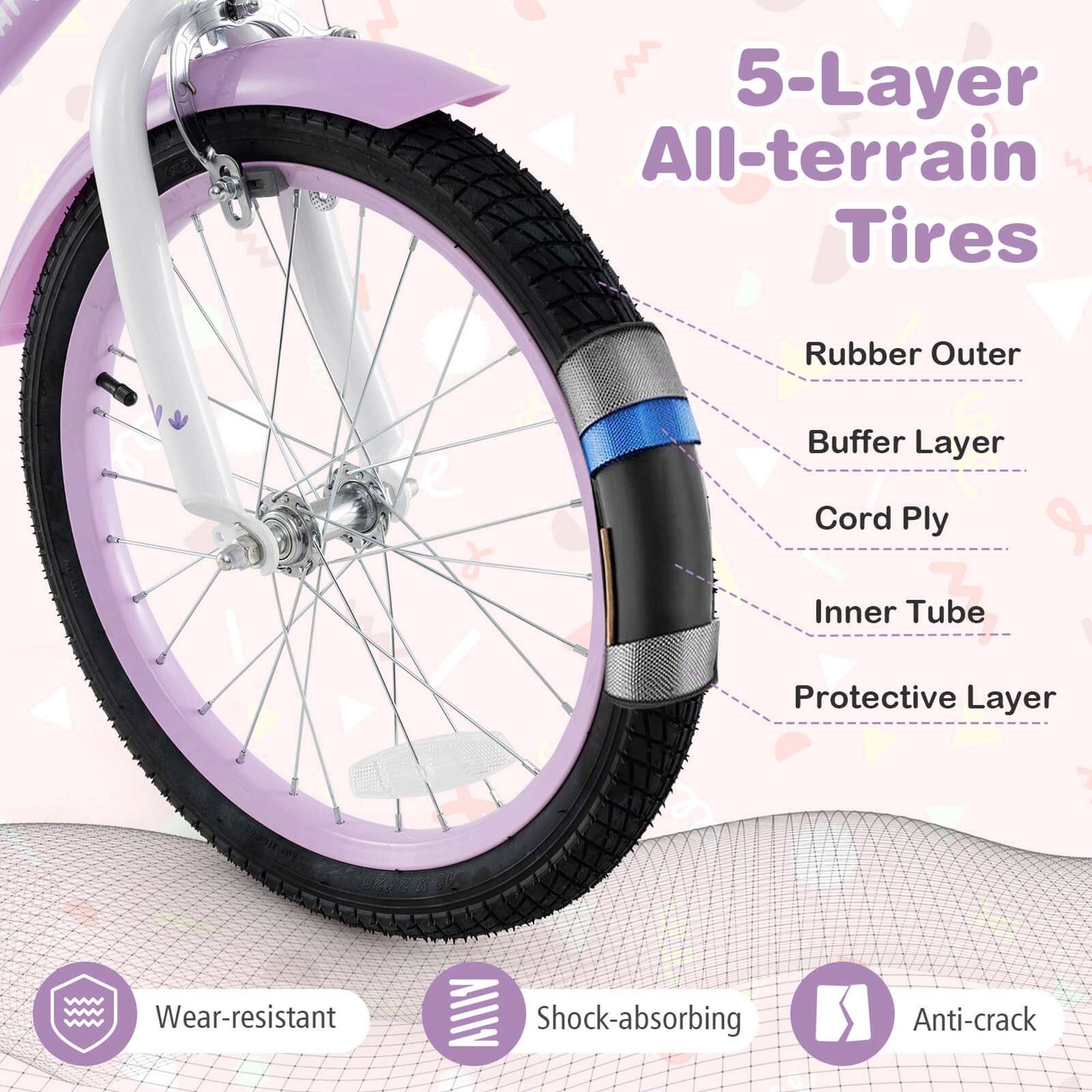 Costway 18" Girl Bike with Basket Detachable Training Wheels Adjustable Seat Handbrake Coaster Brake Purple - Image 4