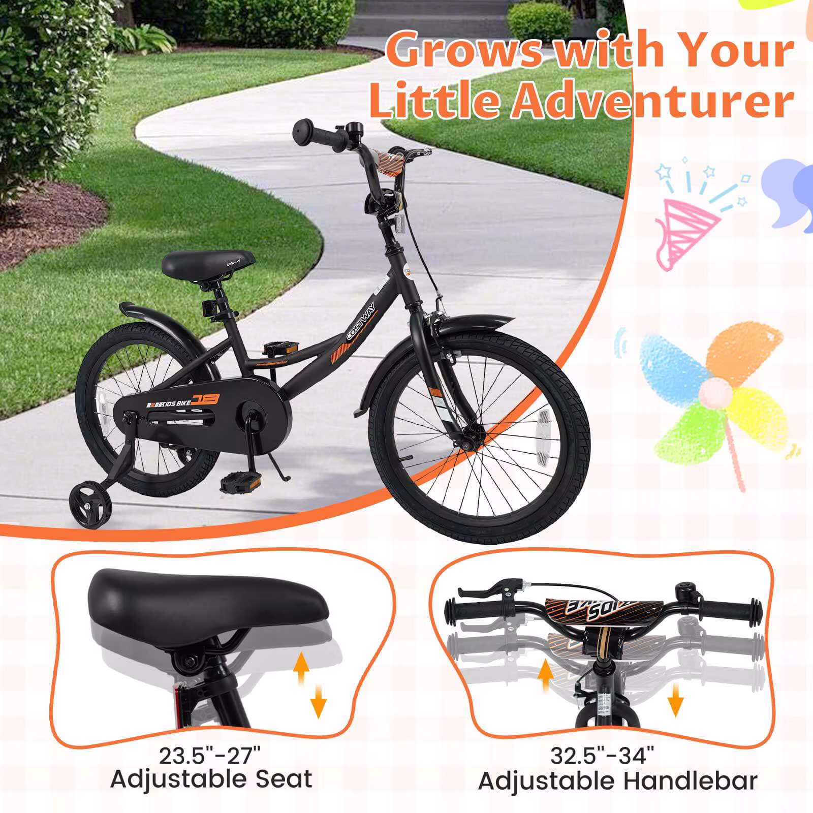 Costway 18 Inch Kids Bike with Training Wheels Dual Brakes Adjustable Seat Handlebar Height - Image 5